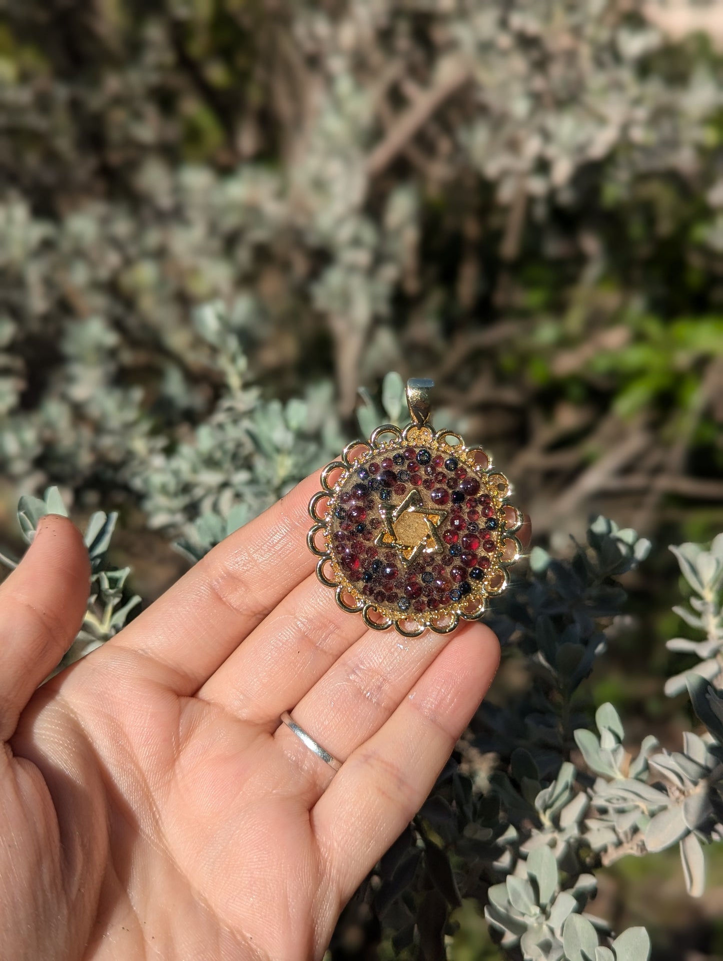 Garnet Gemstones, Dark Blue Glass Beads, Israeli Sand & Gold Plated Magen David Resin Pendant
