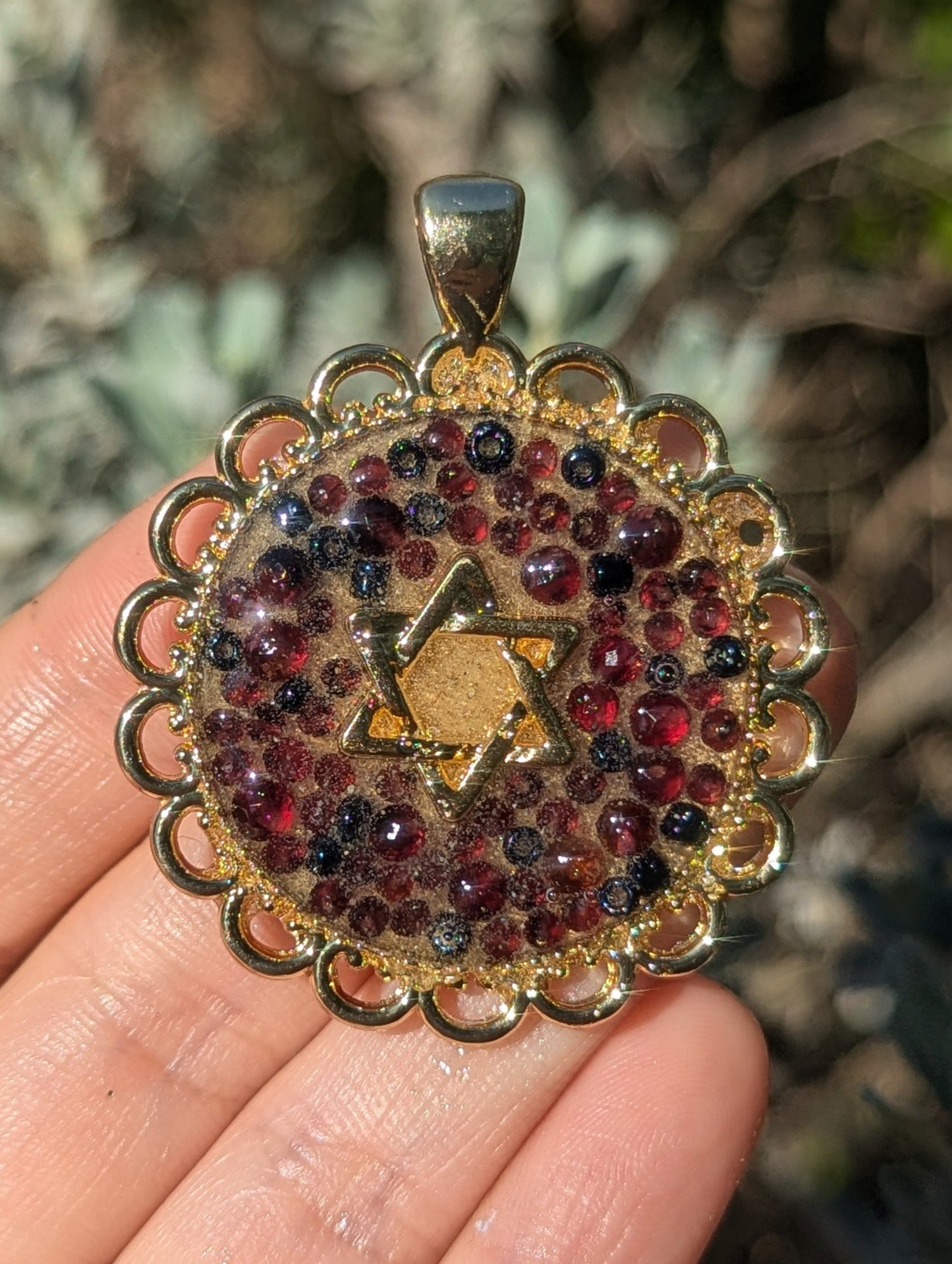 Garnet Gemstones, Dark Blue Glass Beads, Israeli Sand & Gold Plated Magen David Resin Pendant