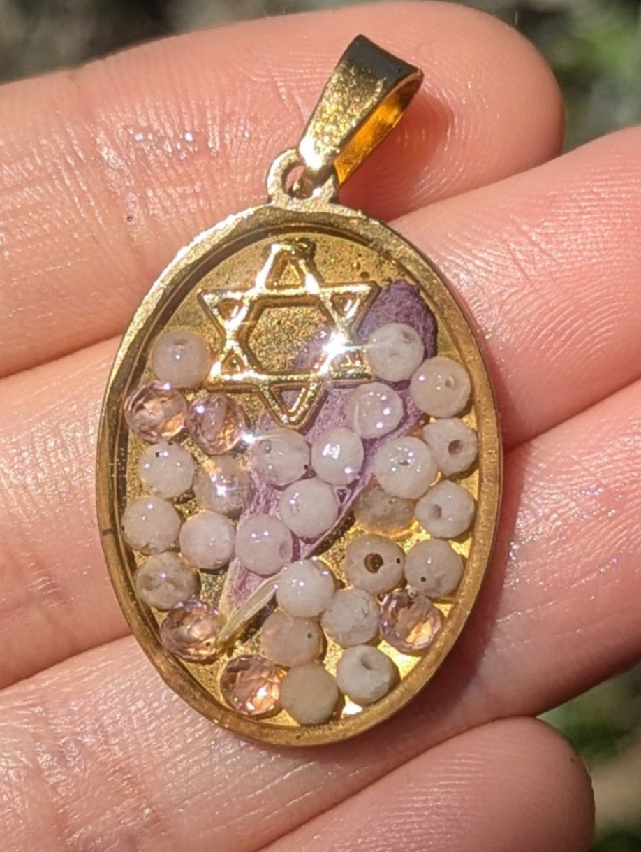 Israel Encapsulated: Pink Rose Quartz Gemstones, Israeli Flower Leaf and Magen David Resin Pendant