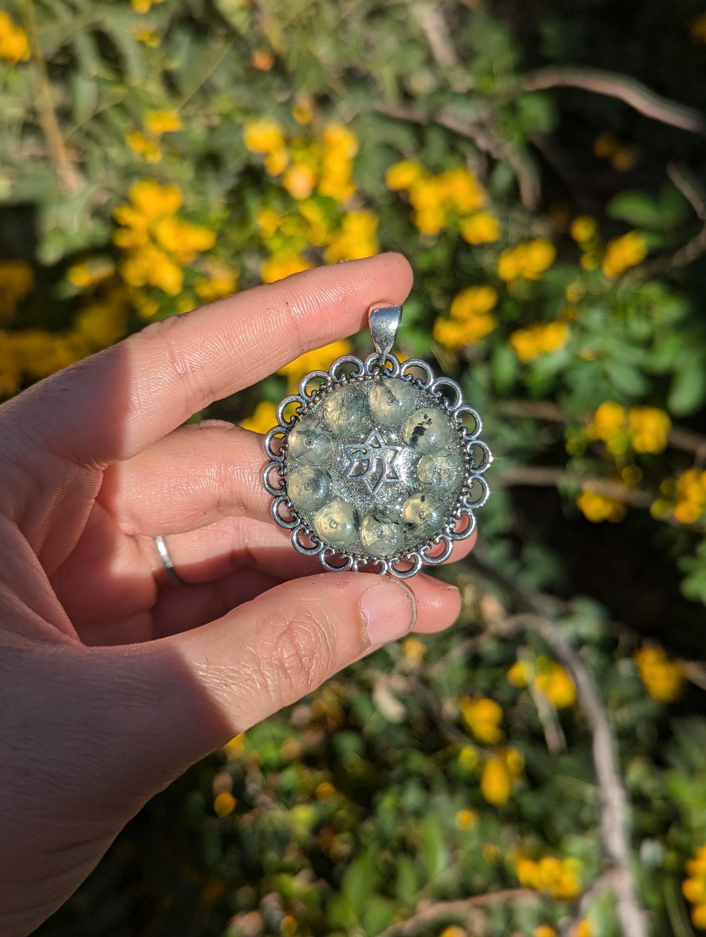 Israel Encapsulated: Agate Moss Gemstones and Magen David Chai Resin Pendant on Beaded Chain