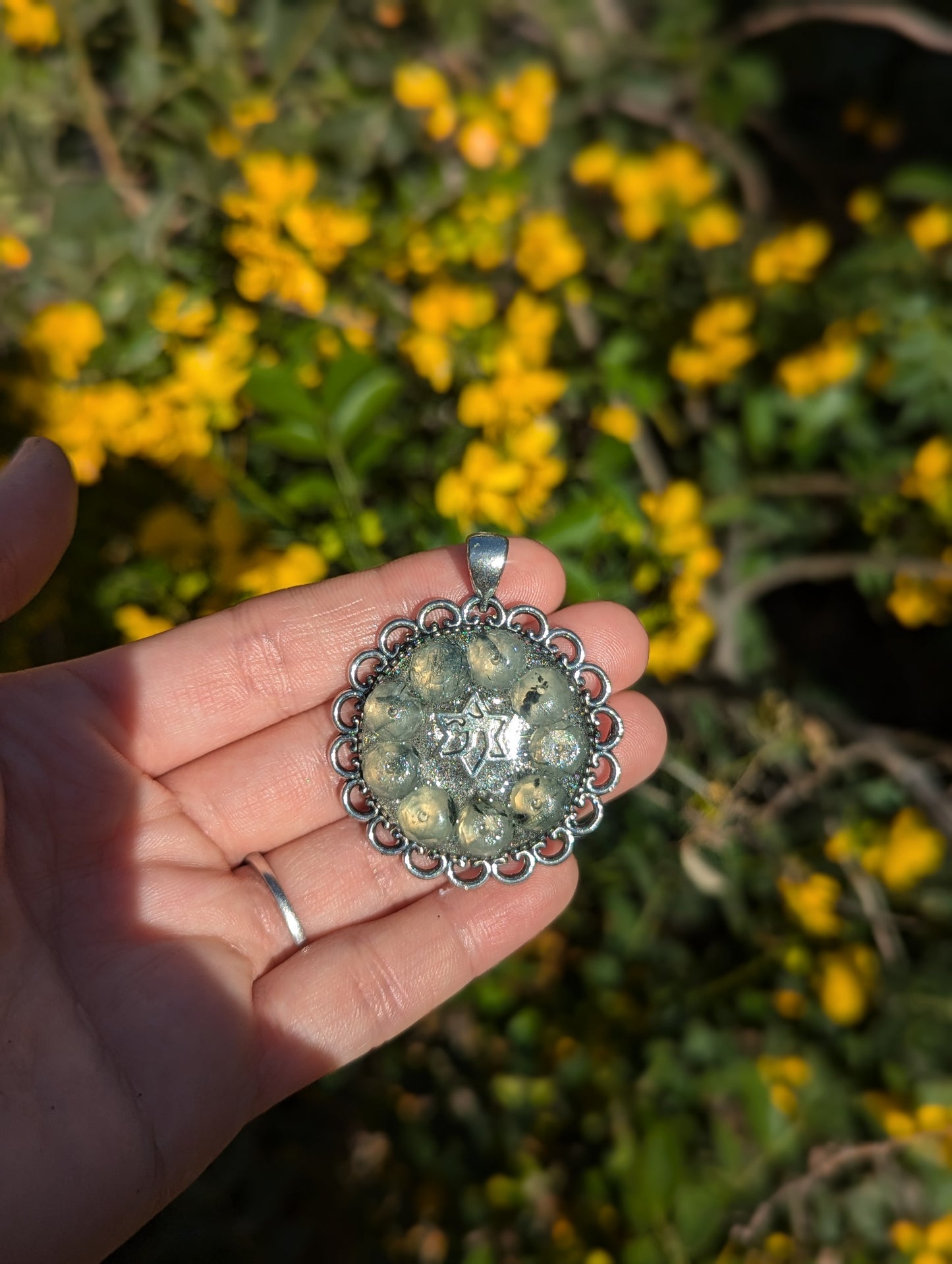 Israel Encapsulated: Agate Moss Gemstones and Magen David Chai Resin Pendant on Beaded Chain