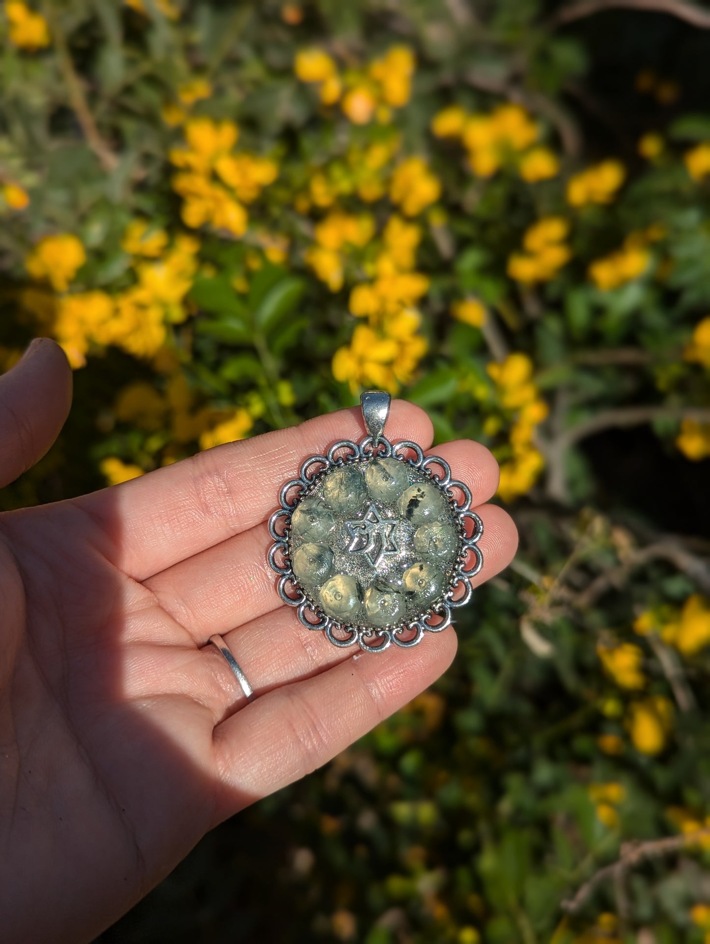 Israel Encapsulated: Agate Moss Gemstones and Magen David Chai Resin Pendant on Beaded Chain