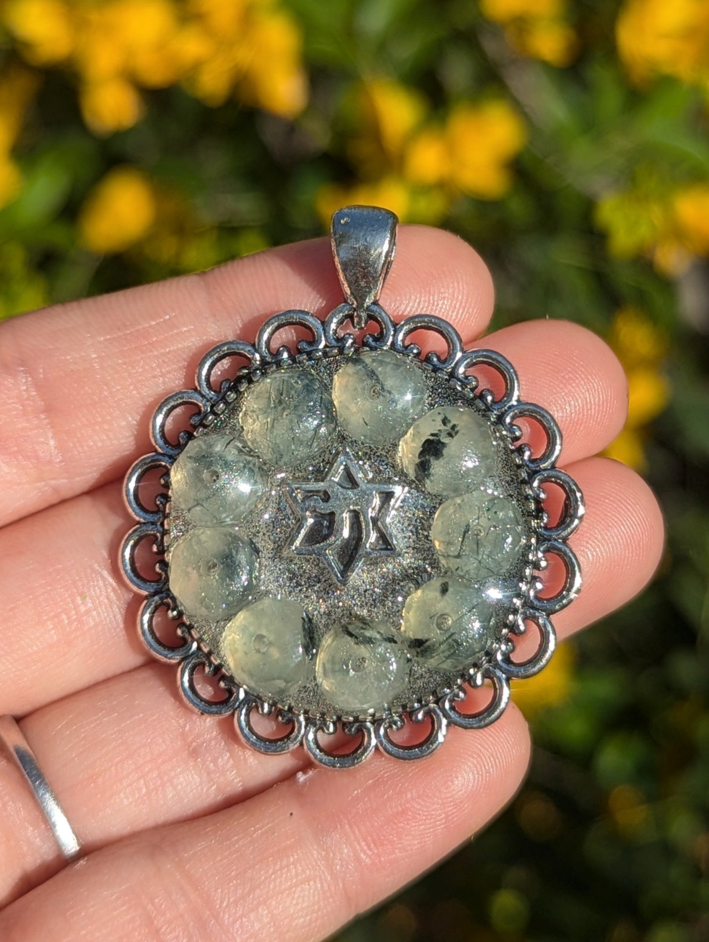 Israel Encapsulated: Agate Moss Gemstones and Magen David Chai Resin Pendant on Beaded Chain