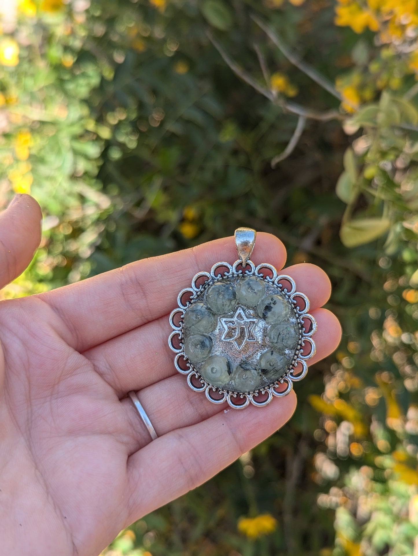 Israel Encapsulated: Agate Moss Gemstones and Magen David Chai Resin Pendant on Beaded Chain