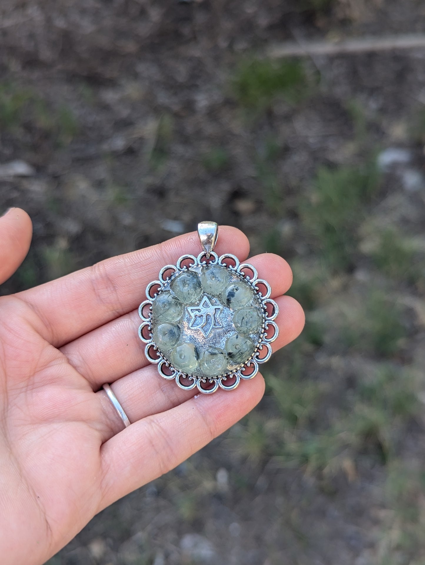 Israel Encapsulated: Agate Moss Gemstones and Magen David Chai Resin Pendant on Beaded Chain
