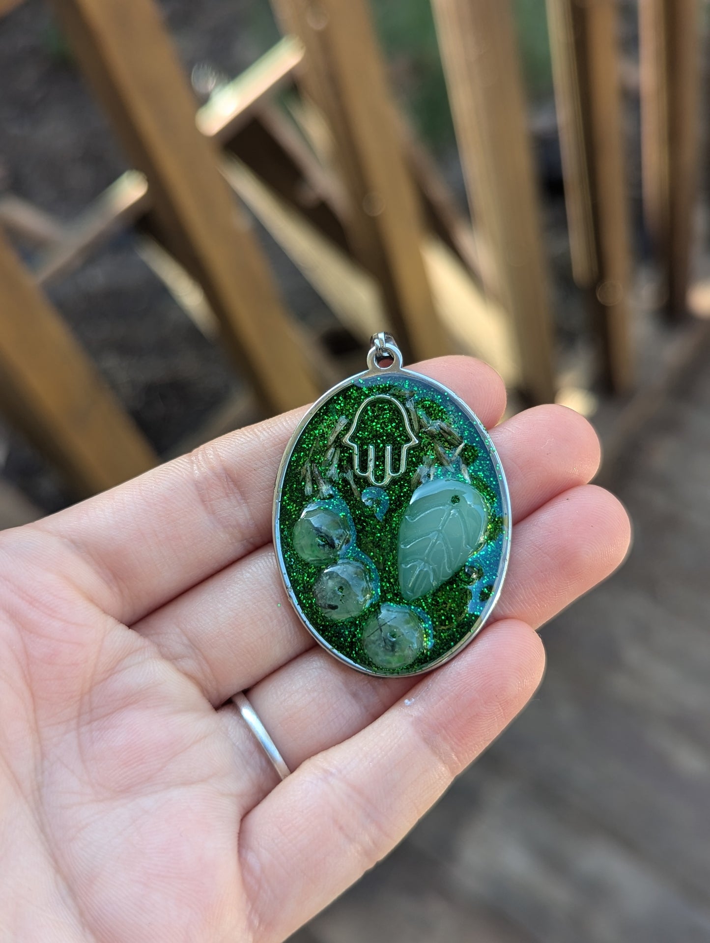 Green Agate Moss Gemstones, Silver Hamsa, Israeli Tiny Leaves, Green Glitter and Glass Leaf Custom Ordered Pendant