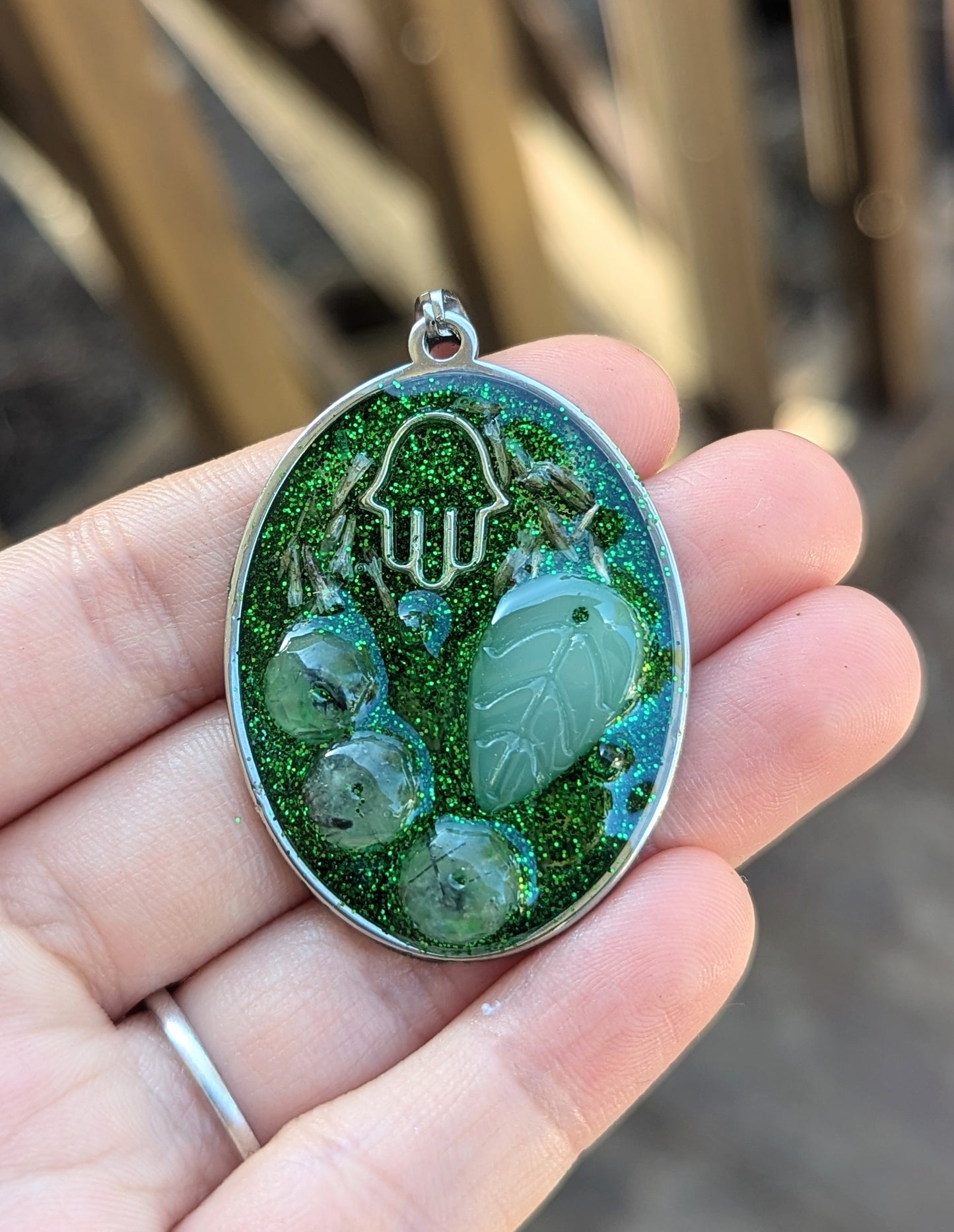 Green Agate Moss Gemstones, Silver Hamsa, Israeli Tiny Leaves, Green Glitter and Glass Leaf Custom Ordered Pendant