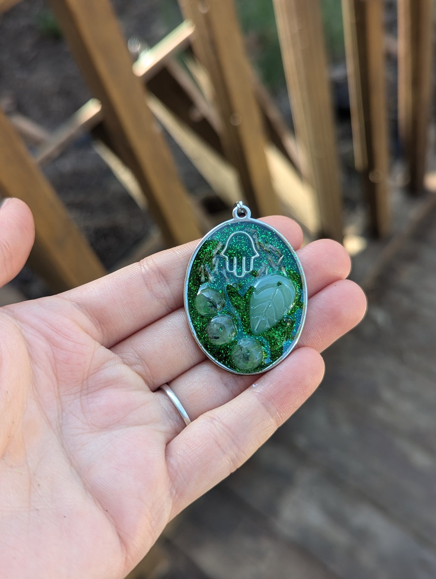 Green Agate Moss Gemstones, Silver Hamsa, Israeli Tiny Leaves, Green Glitter and Glass Leaf Custom Ordered Pendant