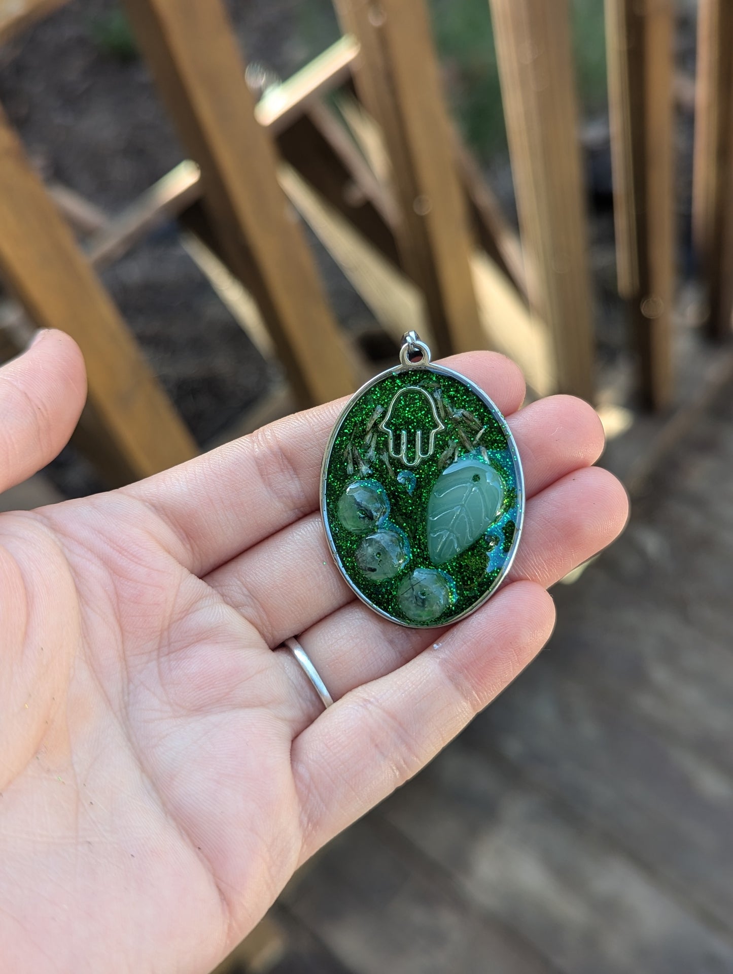 Green Agate Moss Gemstones, Silver Hamsa, Israeli Tiny Leaves, Green Glitter and Glass Leaf Custom Ordered Pendant