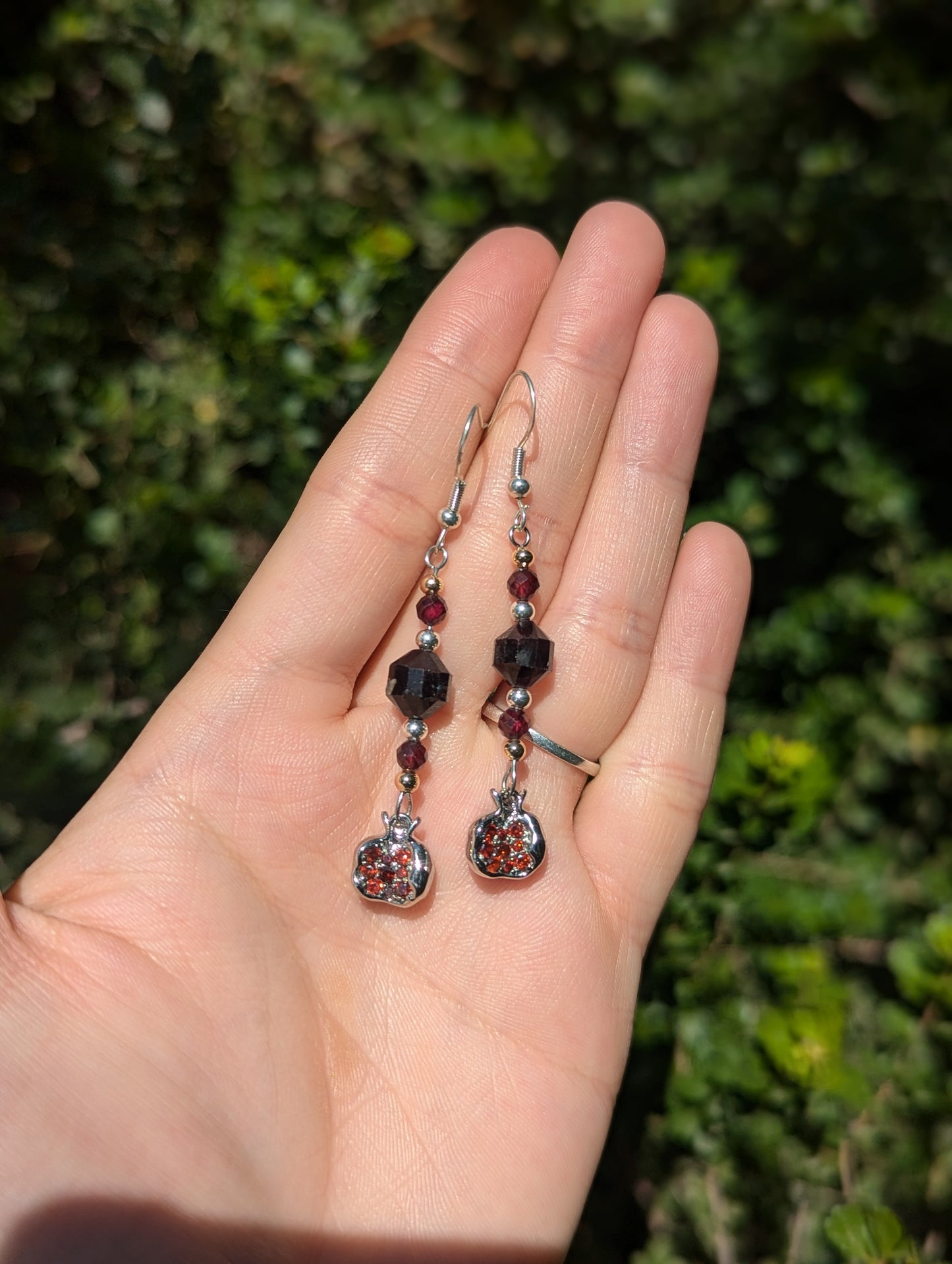 Garnet Gemstones and Red Zirconia Silver Toned Pomegranate Earrings with Sterling Silver Hooks