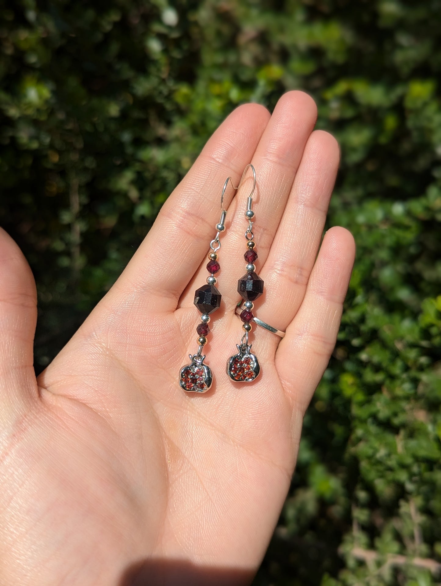Garnet Gemstones and Red Zirconia Silver Toned Pomegranate Earrings with Sterling Silver Hooks