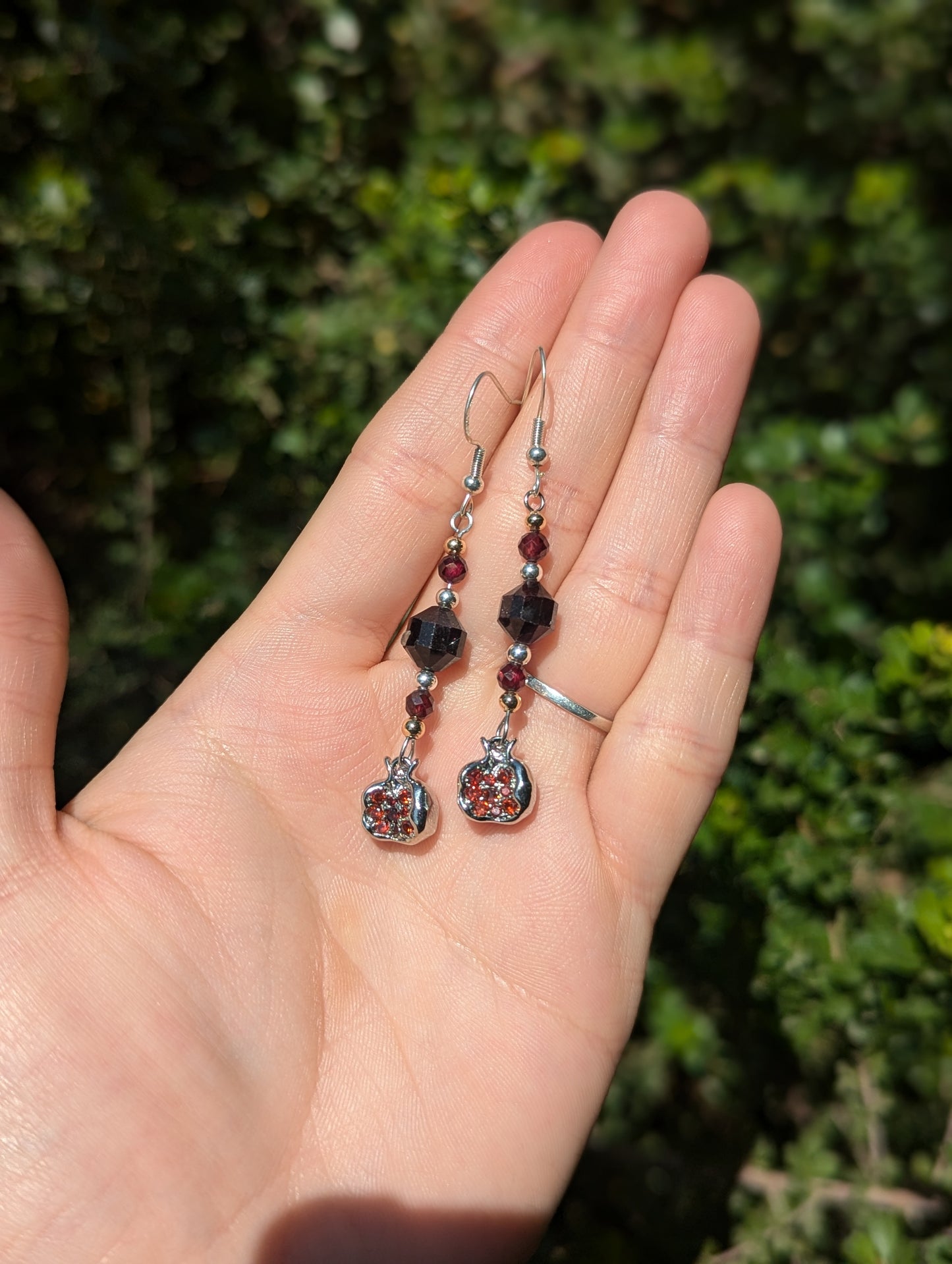 Garnet Gemstones and Red Zirconia Silver Toned Pomegranate Earrings with Sterling Silver Hooks