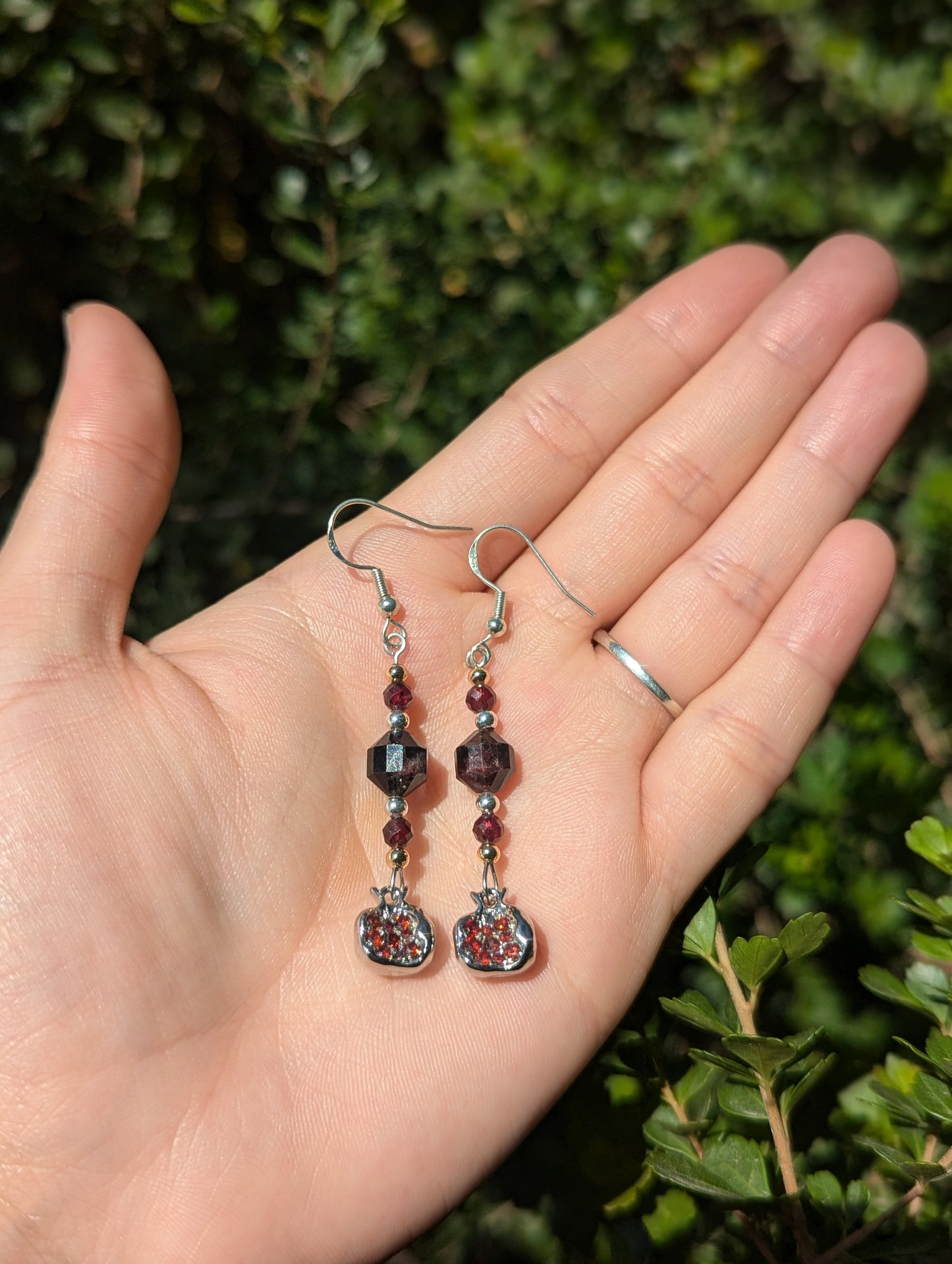 Garnet Gemstones and Red Zirconia Silver Toned Pomegranate Earrings with Sterling Silver Hooks