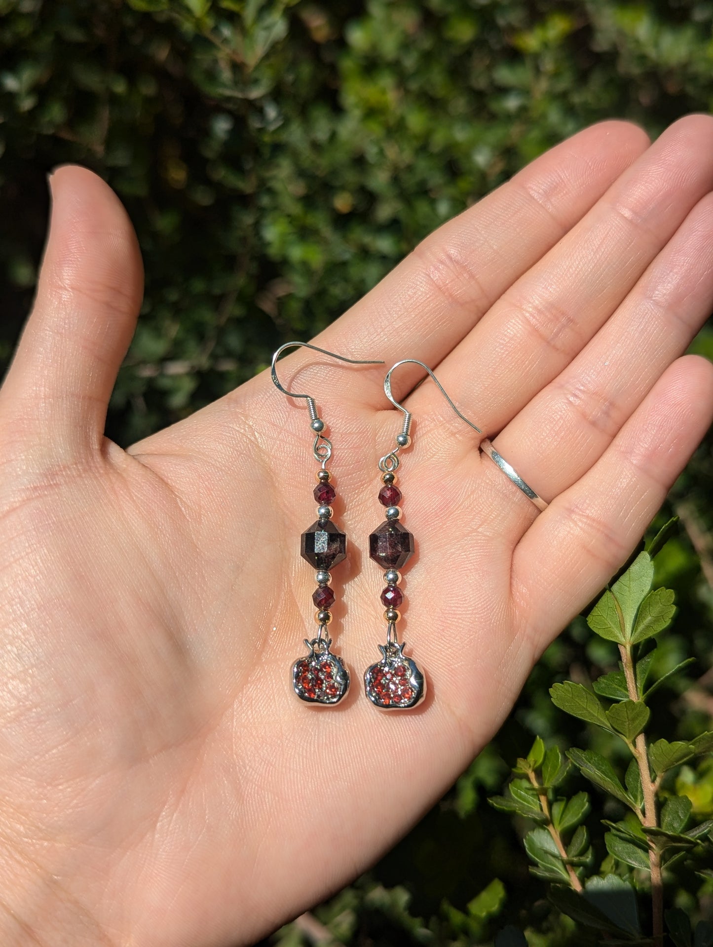 Garnet Gemstones and Red Zirconia Silver Toned Pomegranate Earrings with Sterling Silver Hooks