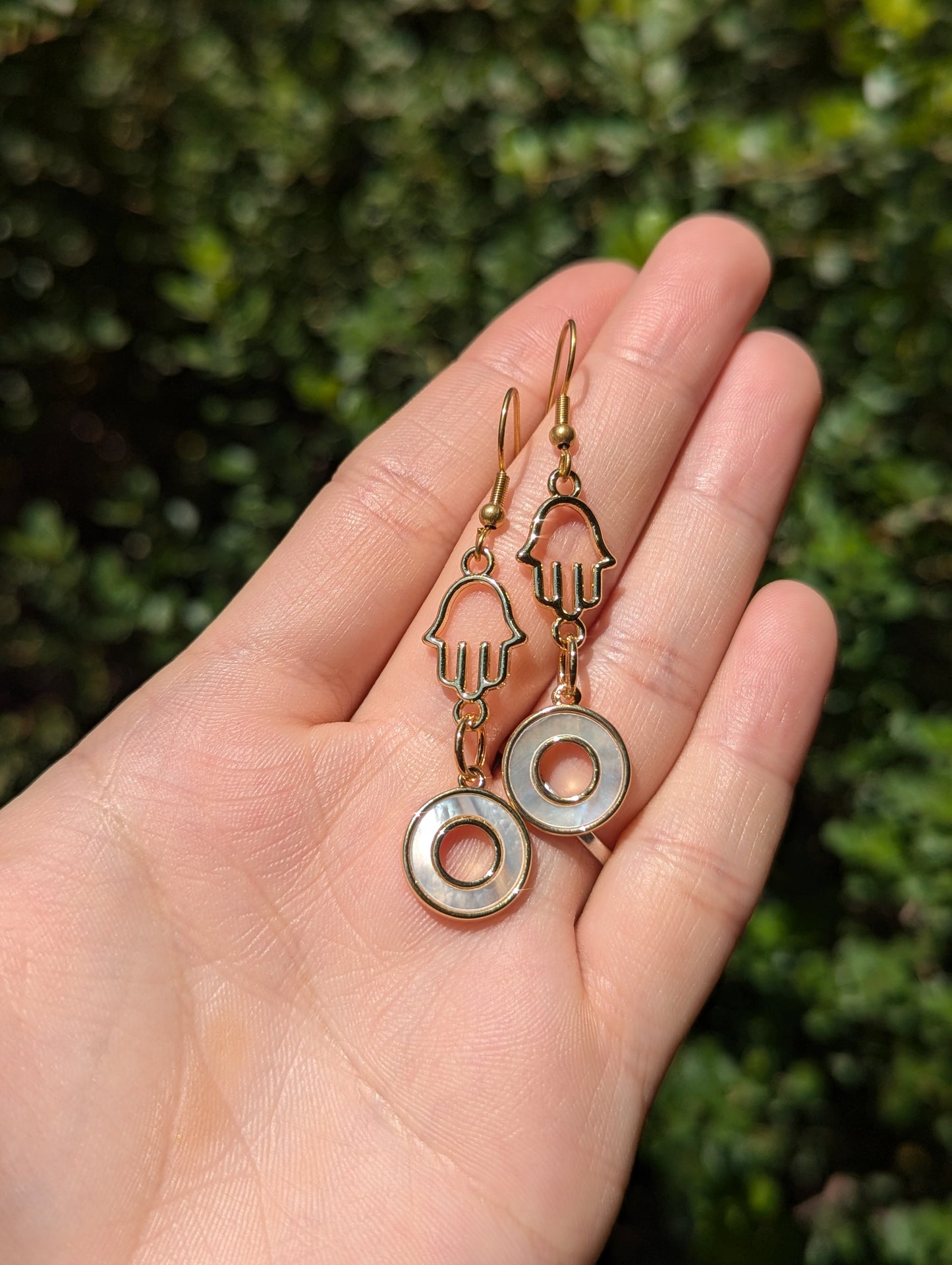 Gold Plated Hamsa and Mother of Shell Loop Sterling Silver Hooks Earrings