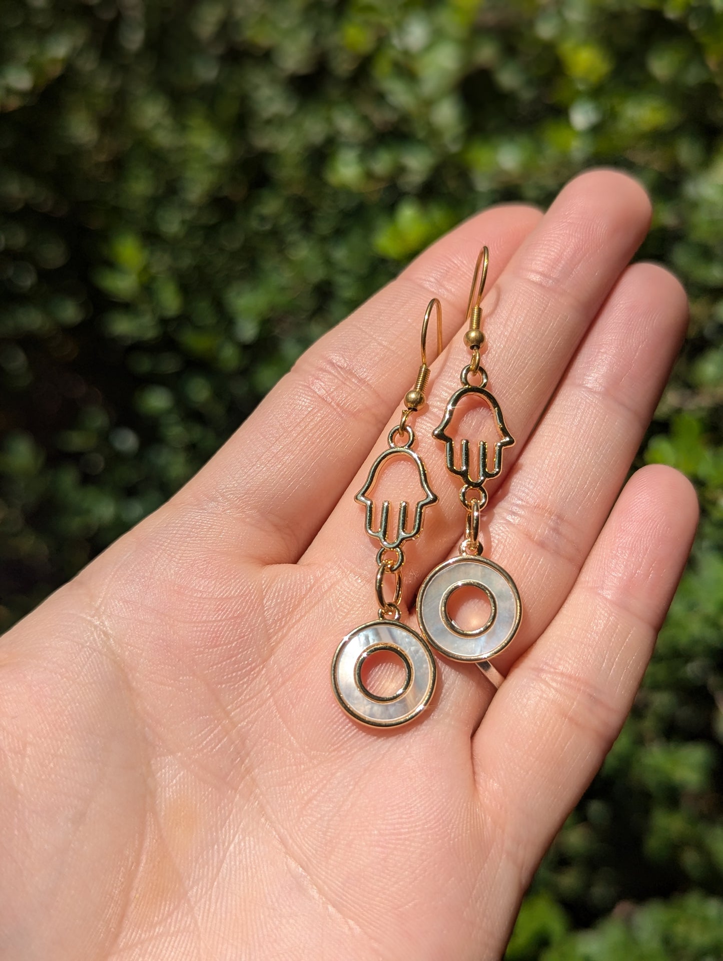 Gold Plated Hamsa and Mother of Shell Loop Sterling Silver Hooks Earrings