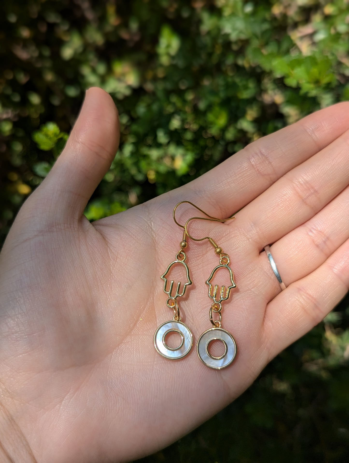 Gold Plated Hamsa and Mother of Shell Loop Sterling Silver Hooks Earrings