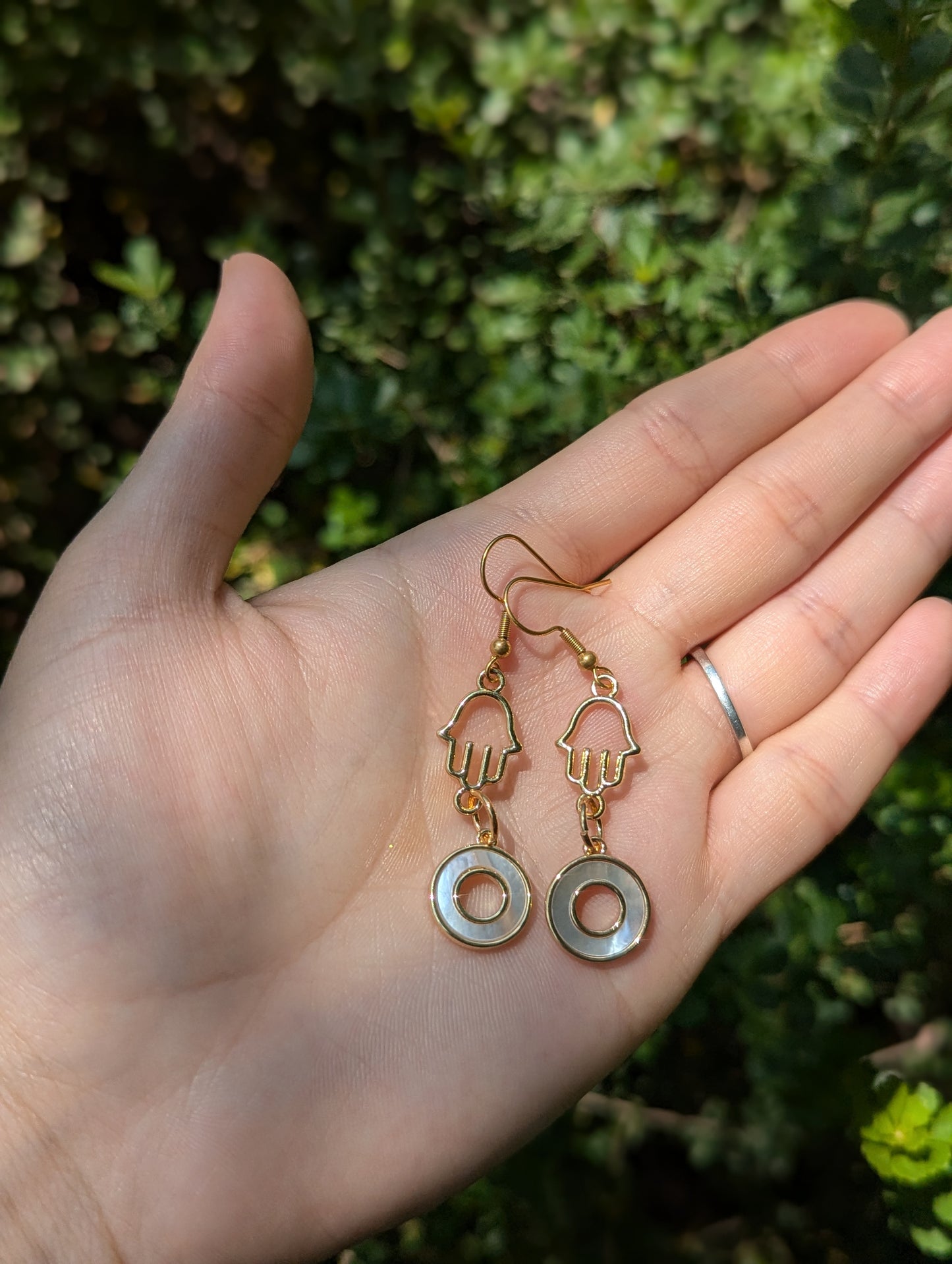Gold Plated Hamsa and Mother of Shell Loop Sterling Silver Hooks Earrings