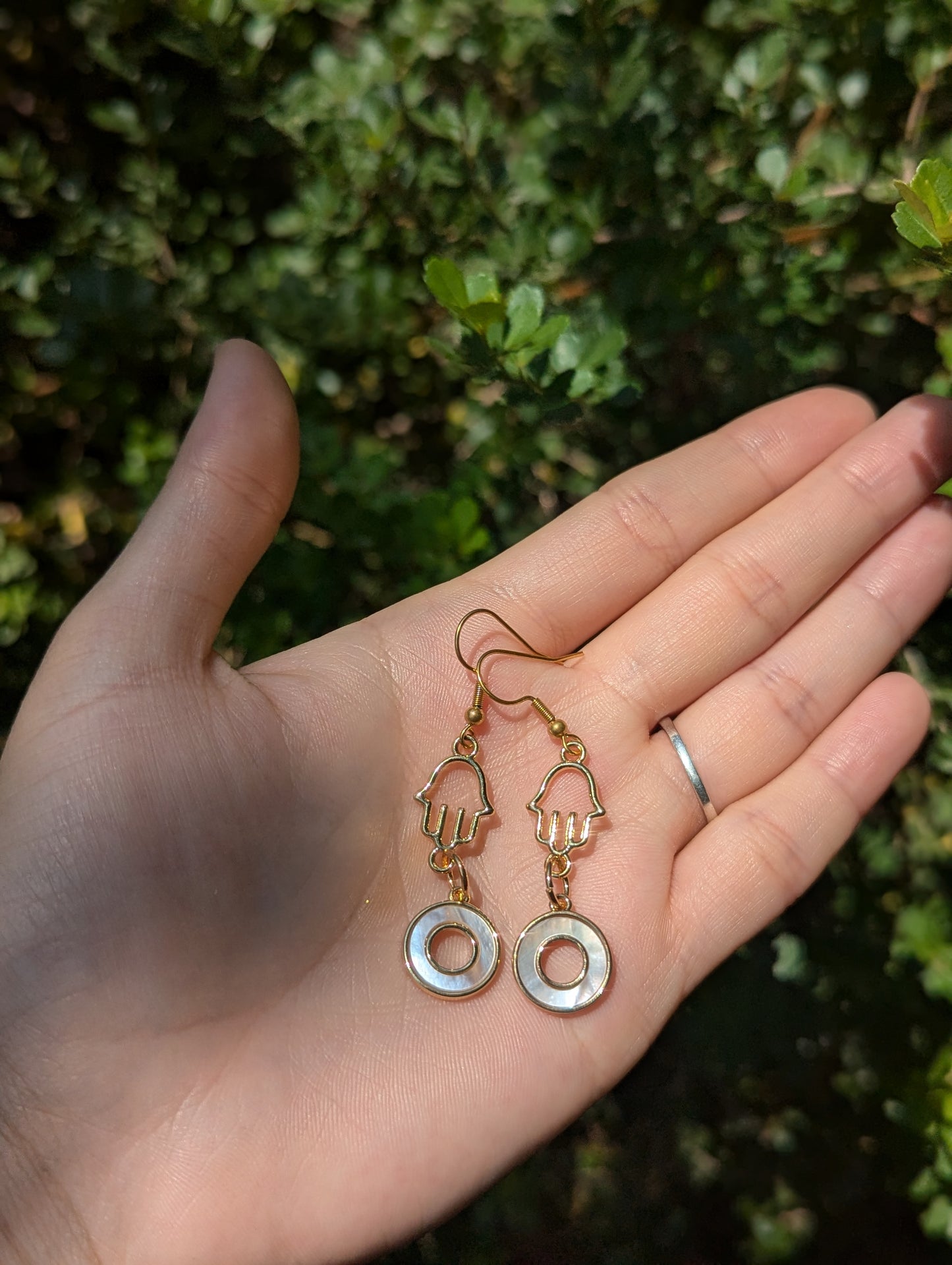 Gold Plated Hamsa and Mother of Shell Loop Sterling Silver Hooks Earrings