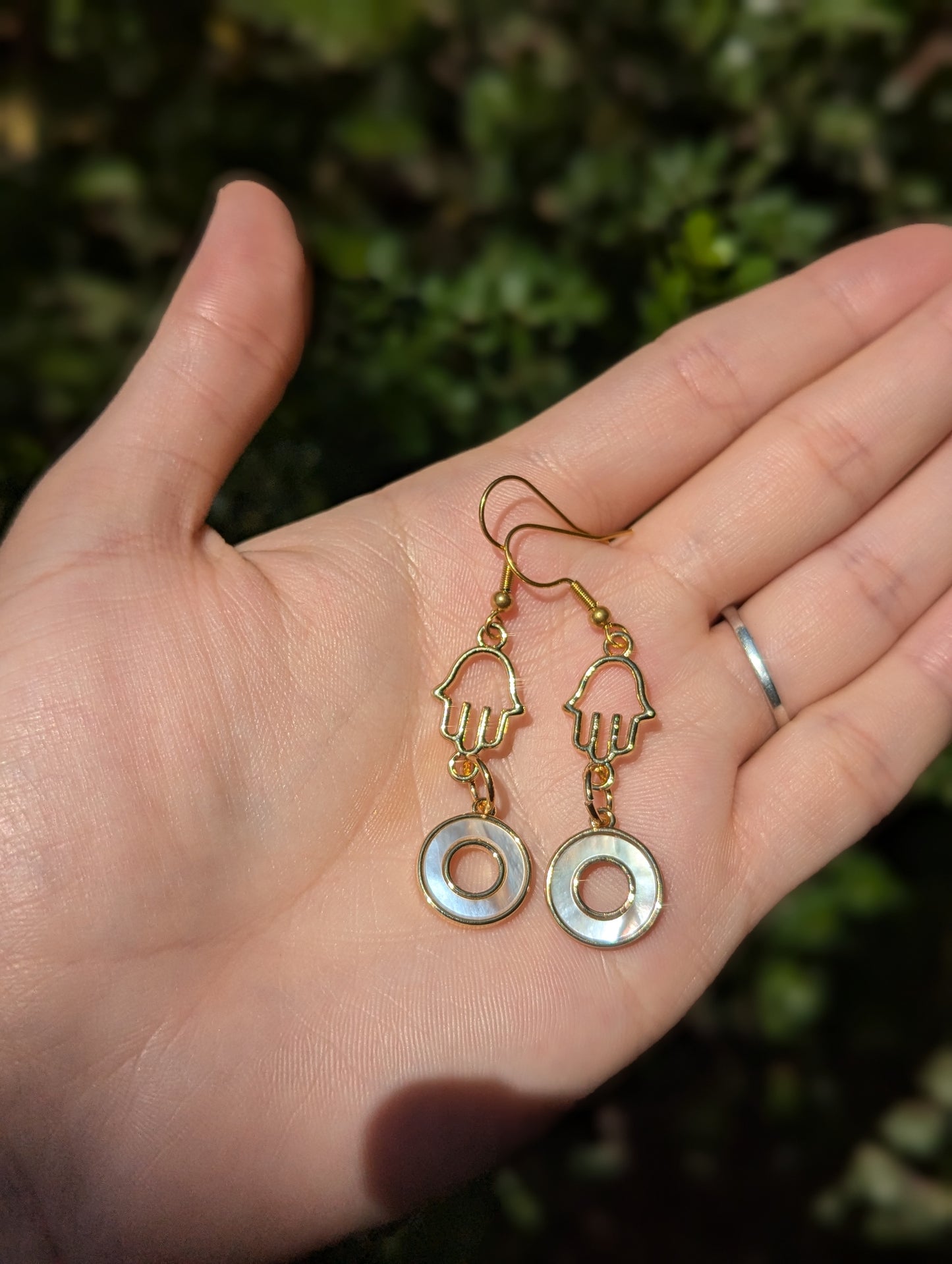 Gold Plated Hamsa and Mother of Shell Loop Sterling Silver Hooks Earrings