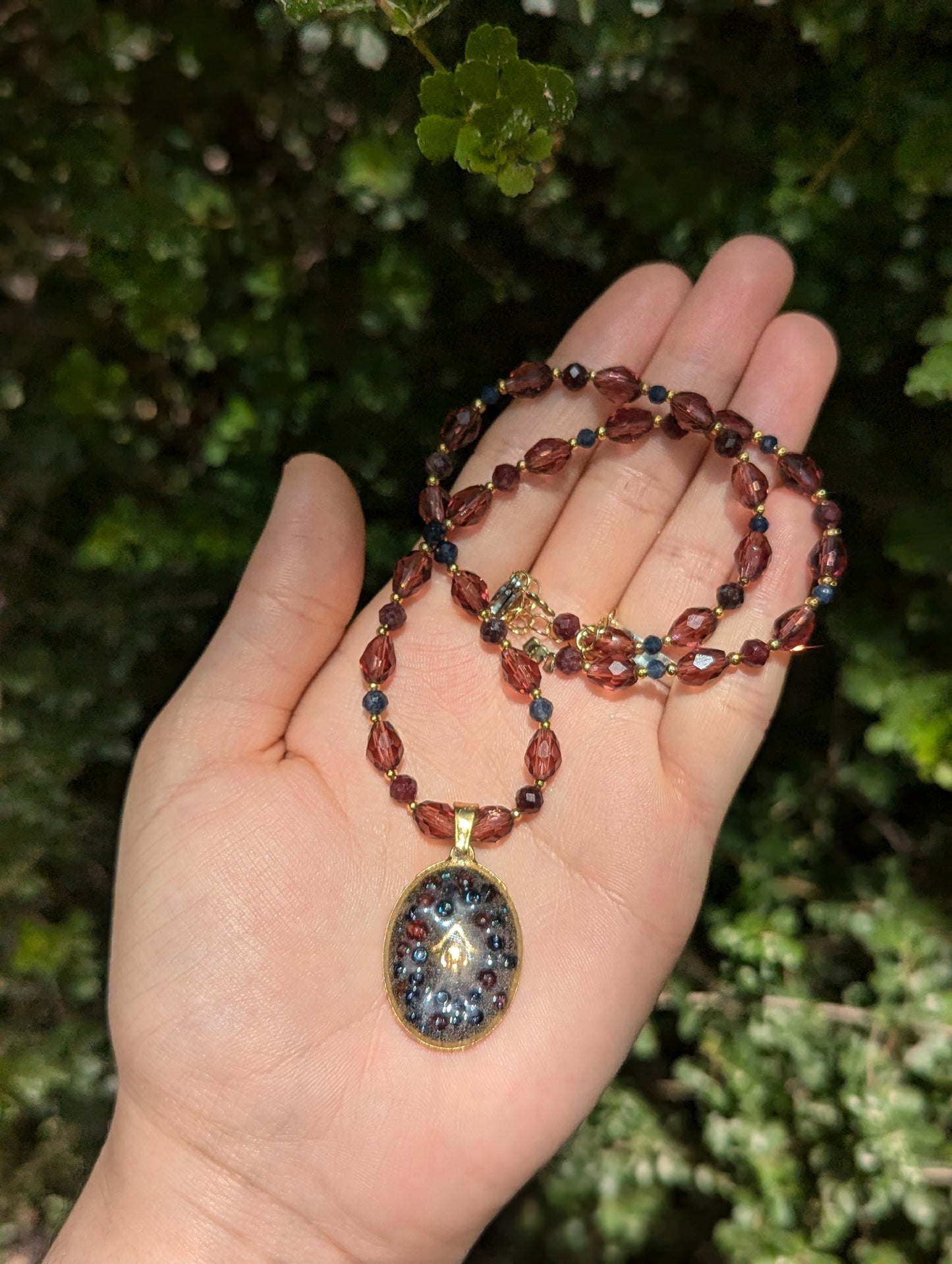 Janet Necklace: Resin Garnet Gemstones and Dark Blue Beads, Glass, Sapphire Beaded Necklace