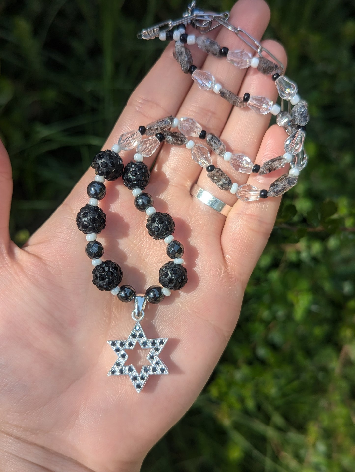Aria Necklace: Smoky Quartz Crystals Sterling Silver Zirconia Magen David Necklace