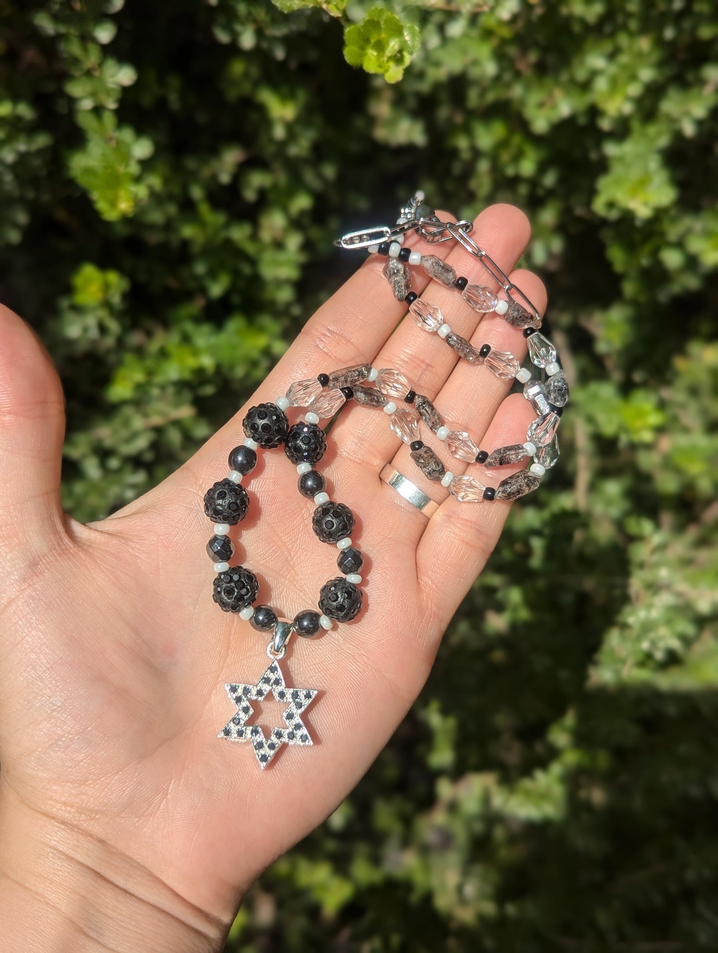 Aria Necklace: Smoky Quartz Crystals Sterling Silver Zirconia Magen David Necklace