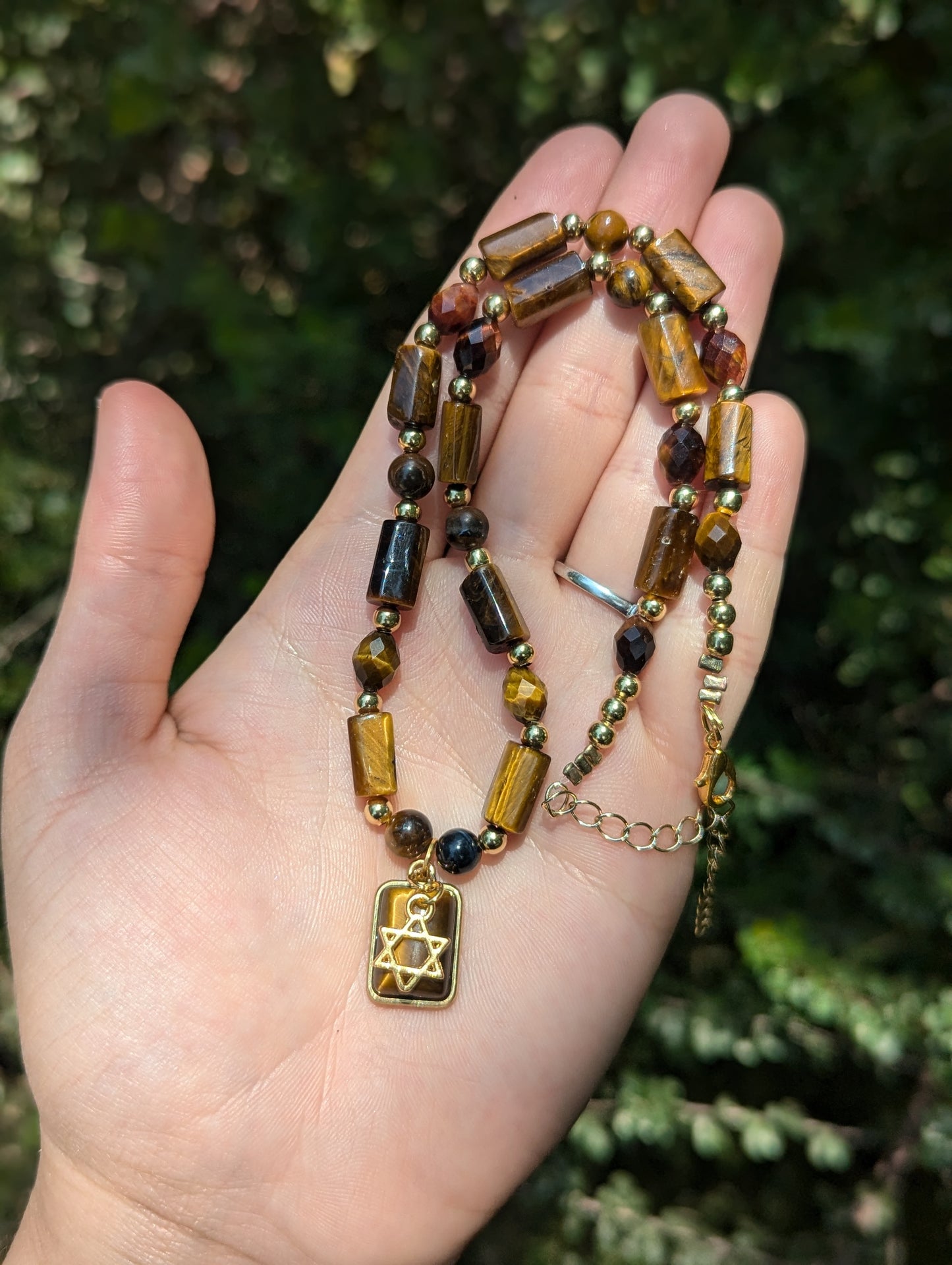 Adama Necklace: Brown Red Tiger's Eye Gemstones and Gold Plated Beads and Magen David