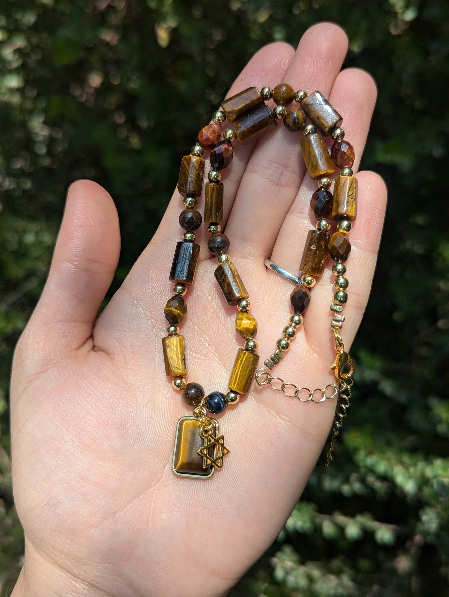 Adama Necklace: Brown Red Tiger's Eye Gemstones and Gold Plated Beads and Magen David