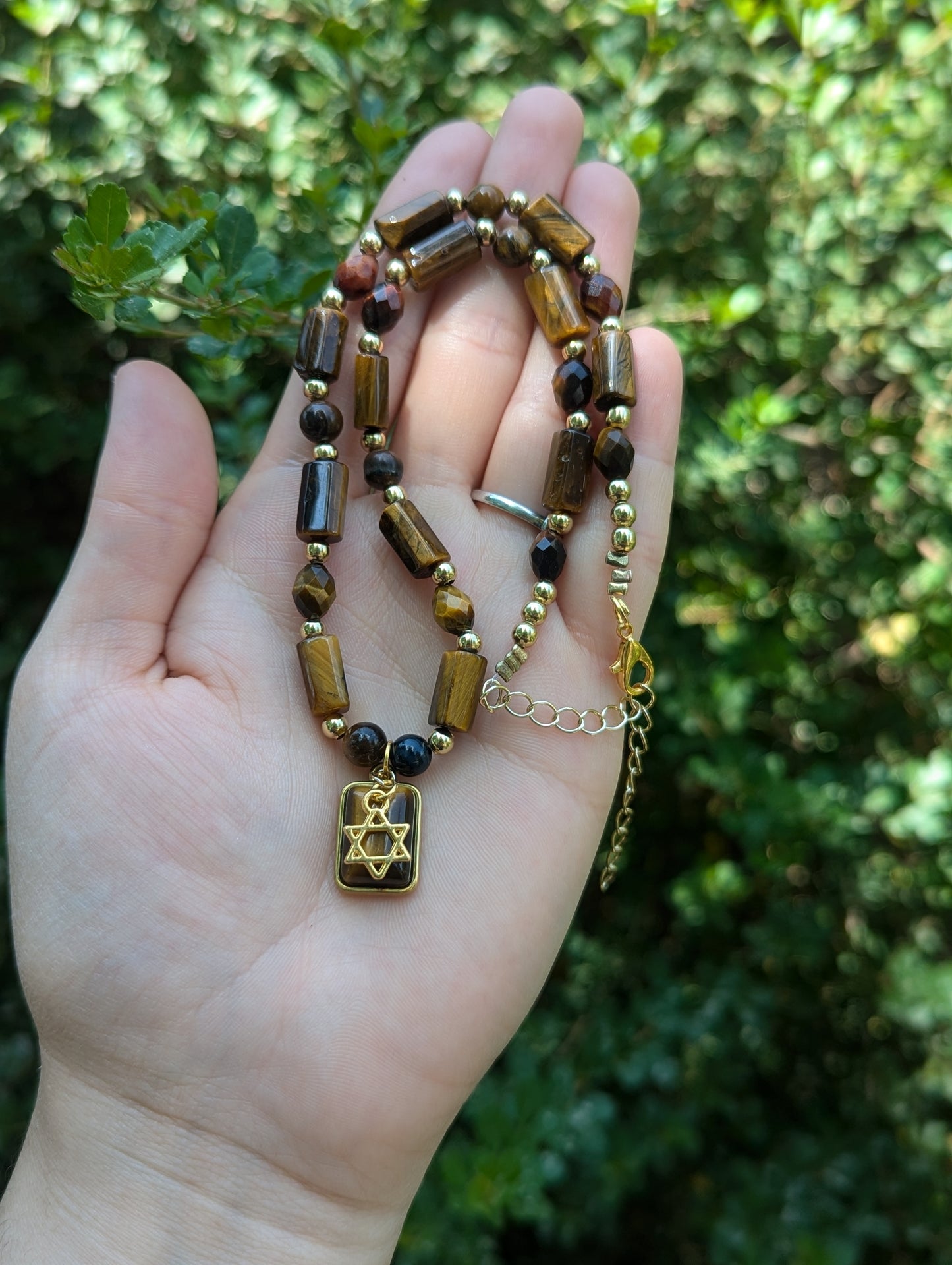 Adama Necklace: Brown Red Tiger's Eye Gemstones and Gold Plated Beads and Magen David