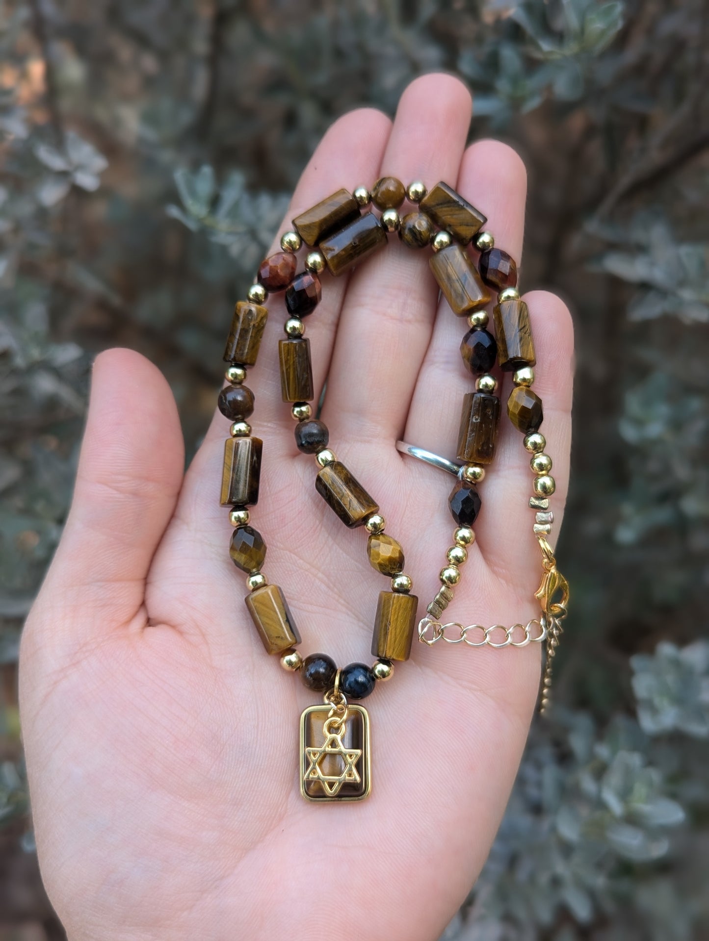 Adama Necklace: Brown Red Tiger's Eye Gemstones and Gold Plated Beads and Magen David