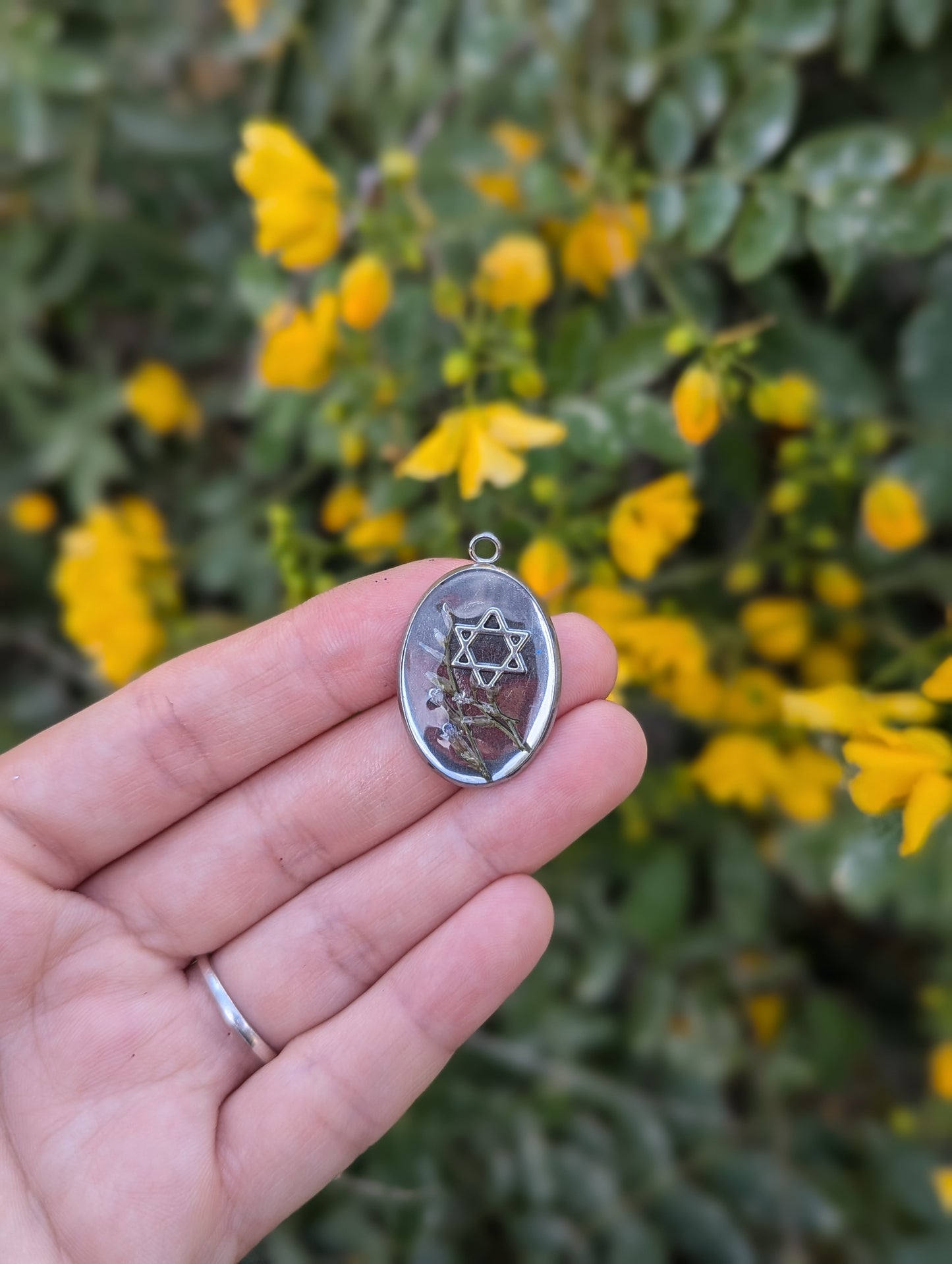 Elara Pendant: Magen David with Tiny Israeli Flowers in Clear Epoxy