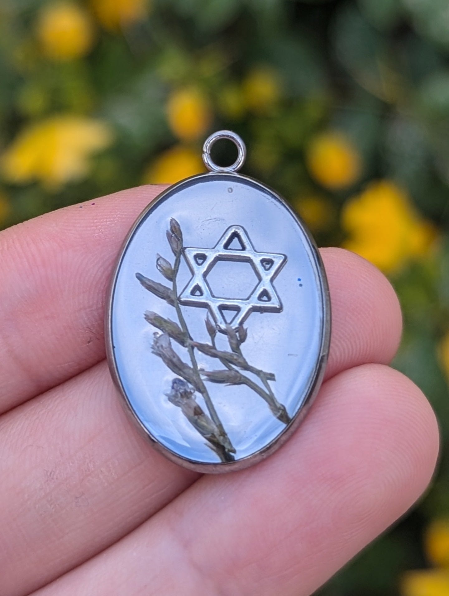 Elara Pendant: Magen David with Tiny Israeli Flowers in Clear Epoxy
