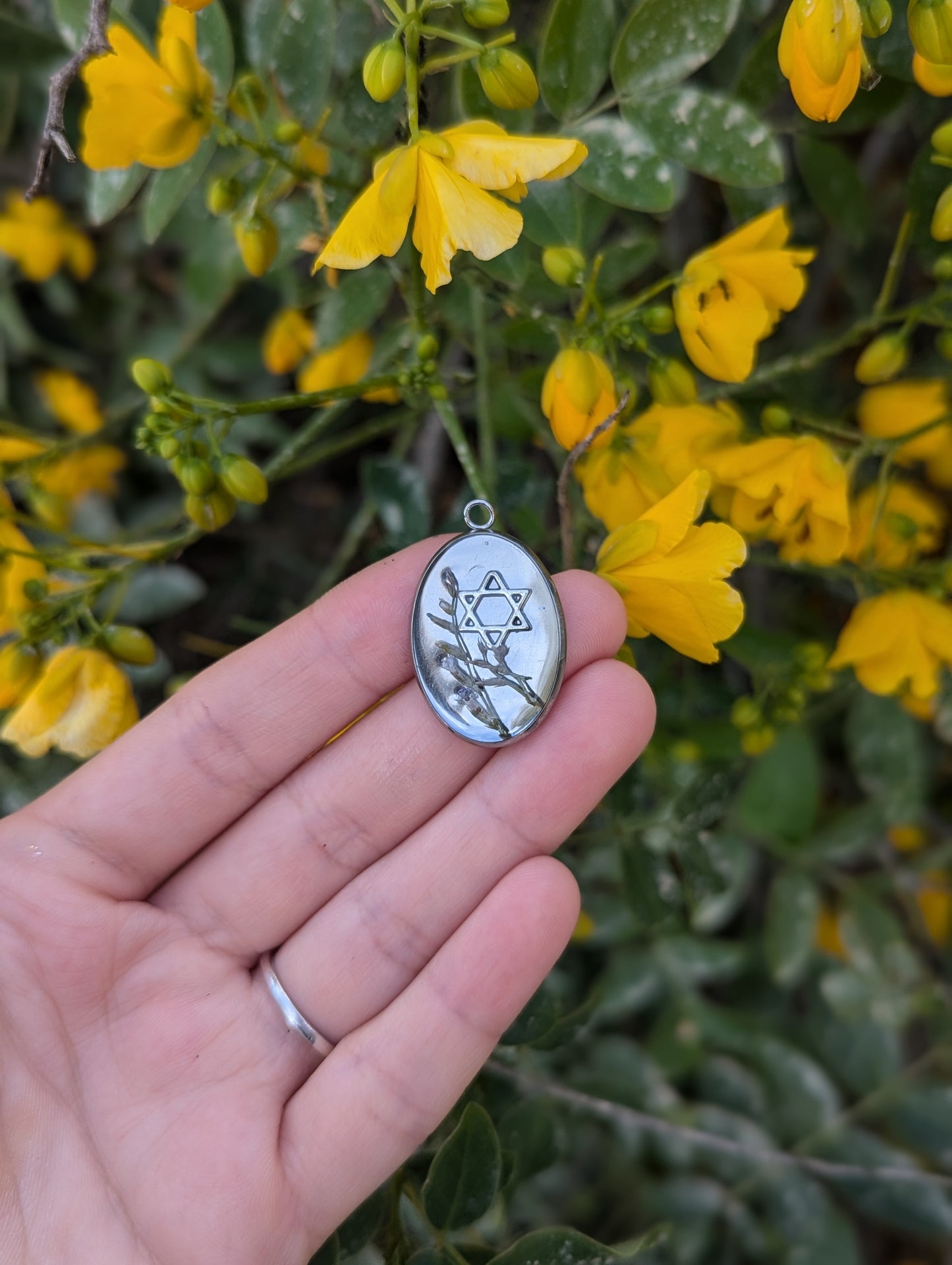 Elara Pendant: Magen David with Tiny Israeli Flowers in Clear Epoxy