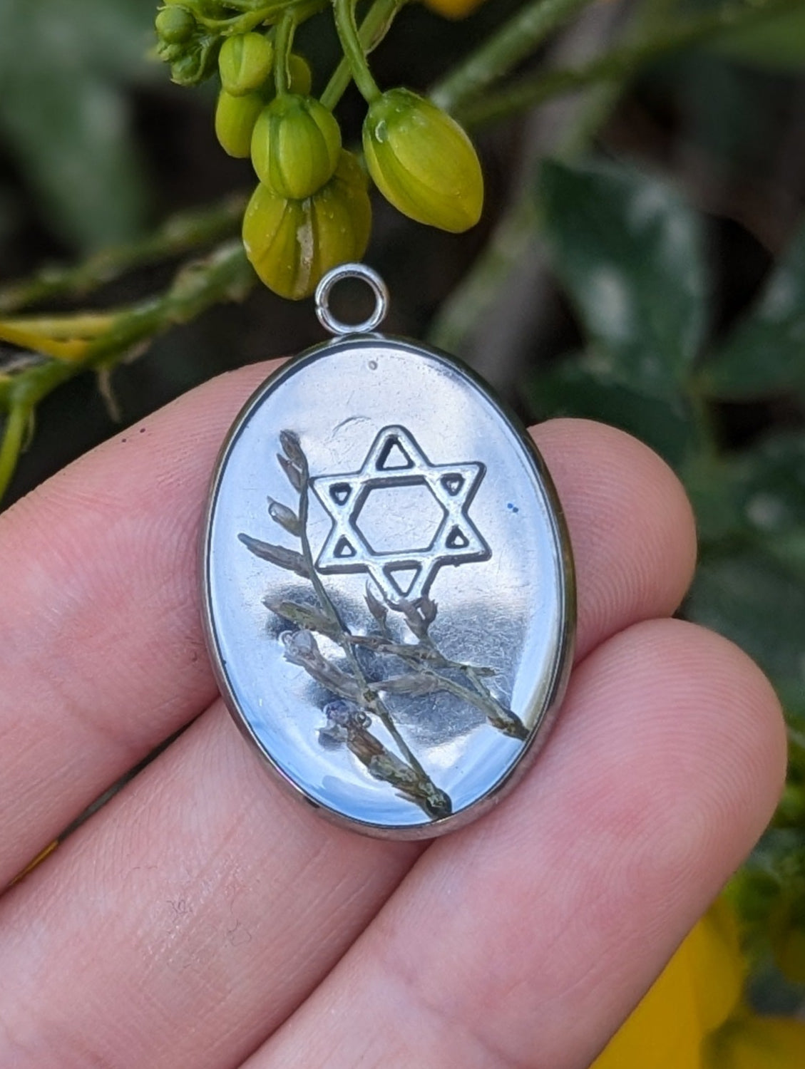 Elara Pendant: Magen David with Tiny Israeli Flowers in Clear Epoxy