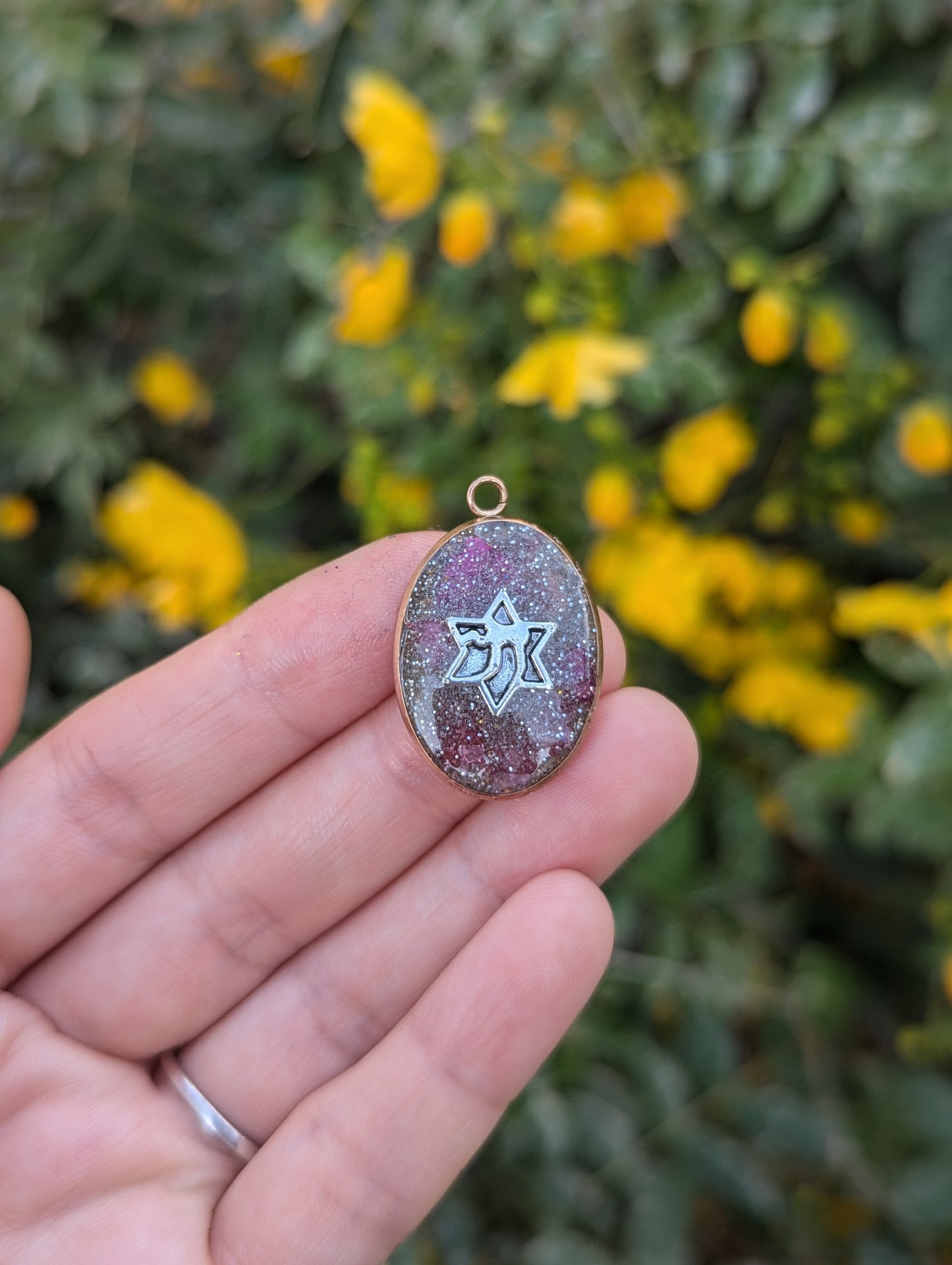 Ruth: Silver Pink Pendant with Israeli Flowers, Silver Glitter and Magen David Chai