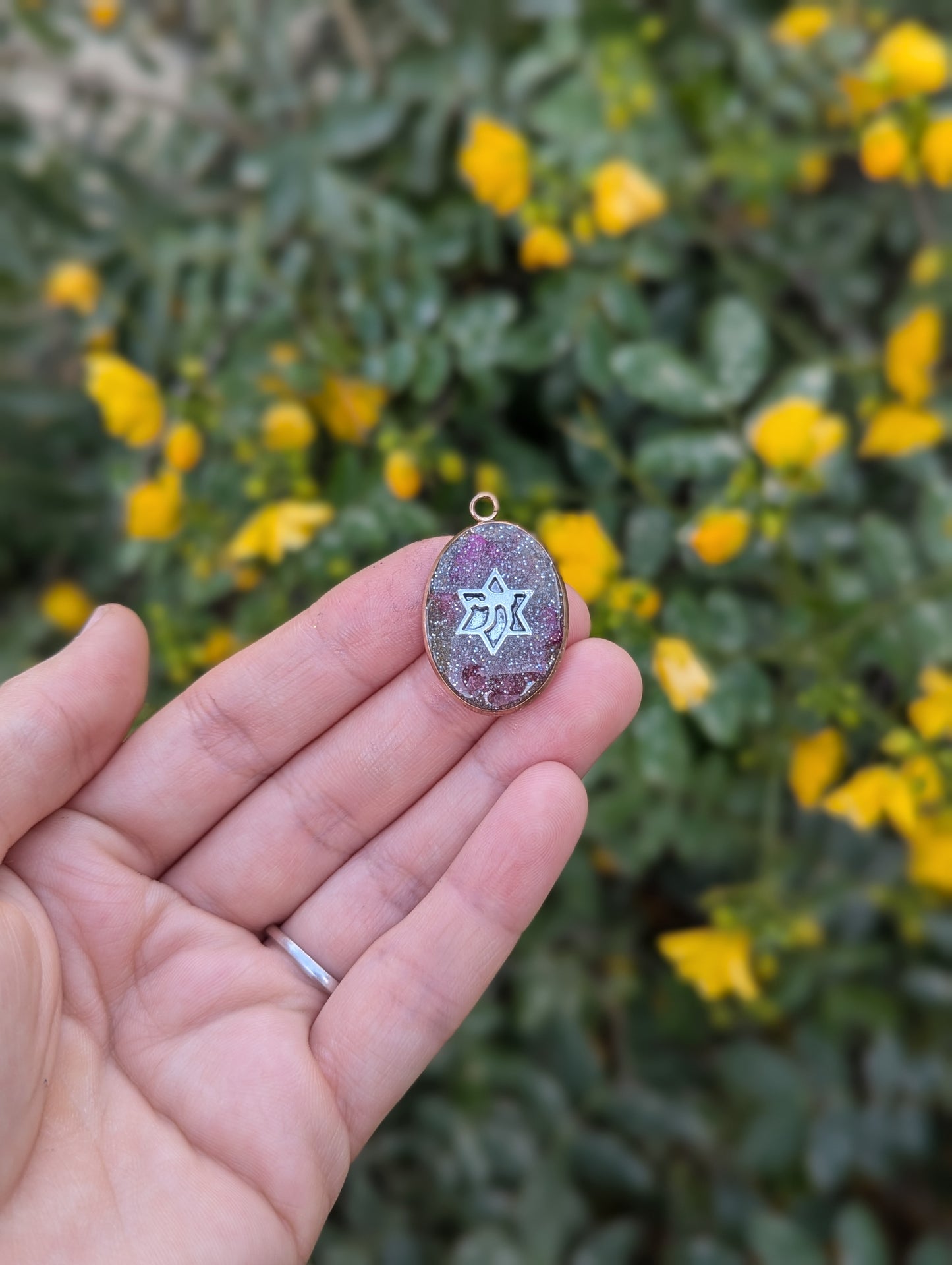 Ruth: Silver Pink Pendant with Israeli Flowers, Silver Glitter and Magen David Chai