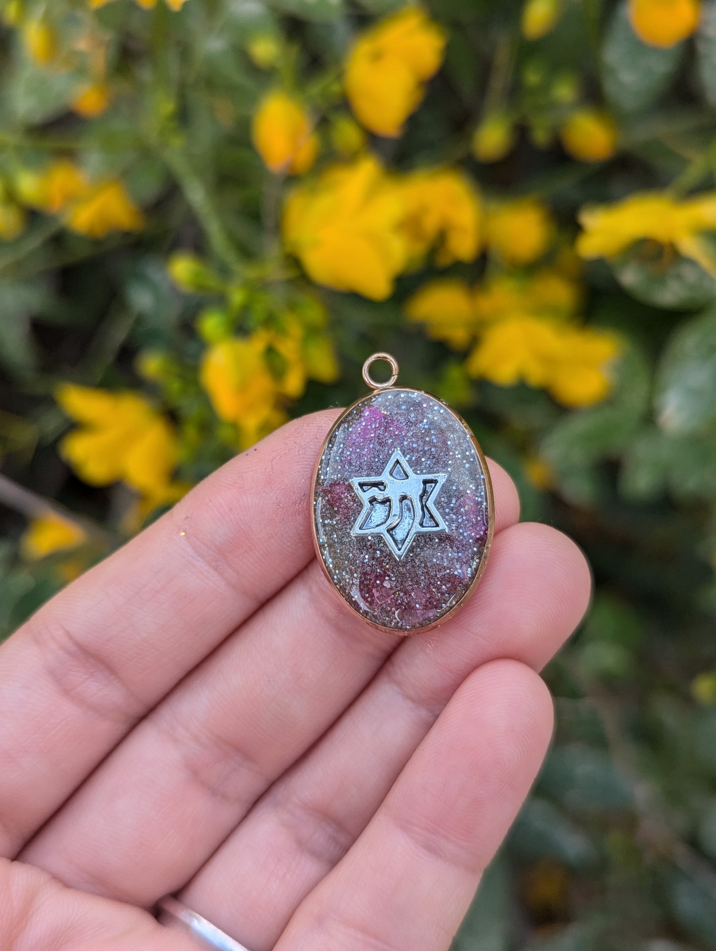 Ruth: Silver Pink Pendant with Israeli Flowers, Silver Glitter and Magen David Chai