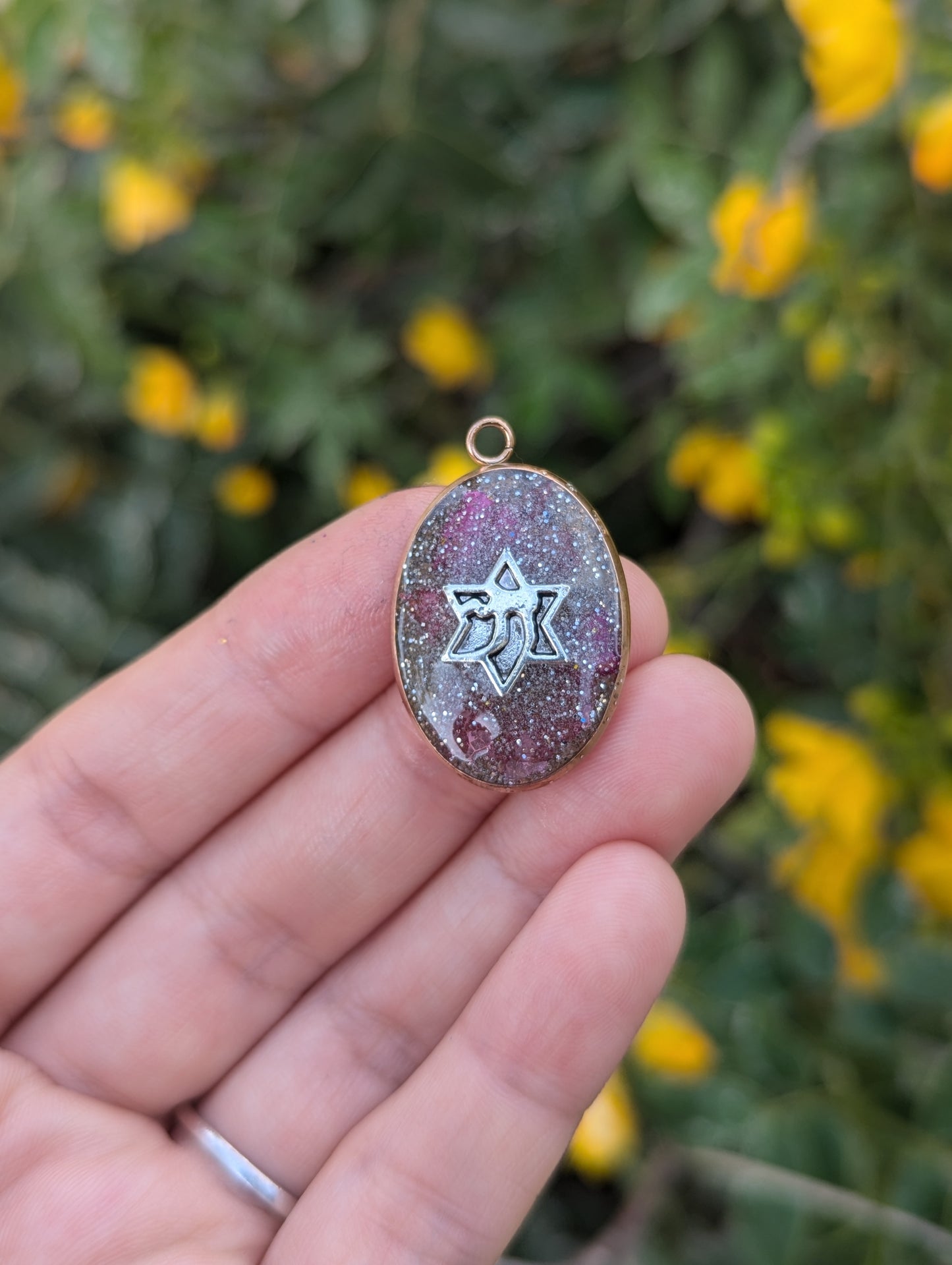 Ruth: Silver Pink Pendant with Israeli Flowers, Silver Glitter and Magen David Chai