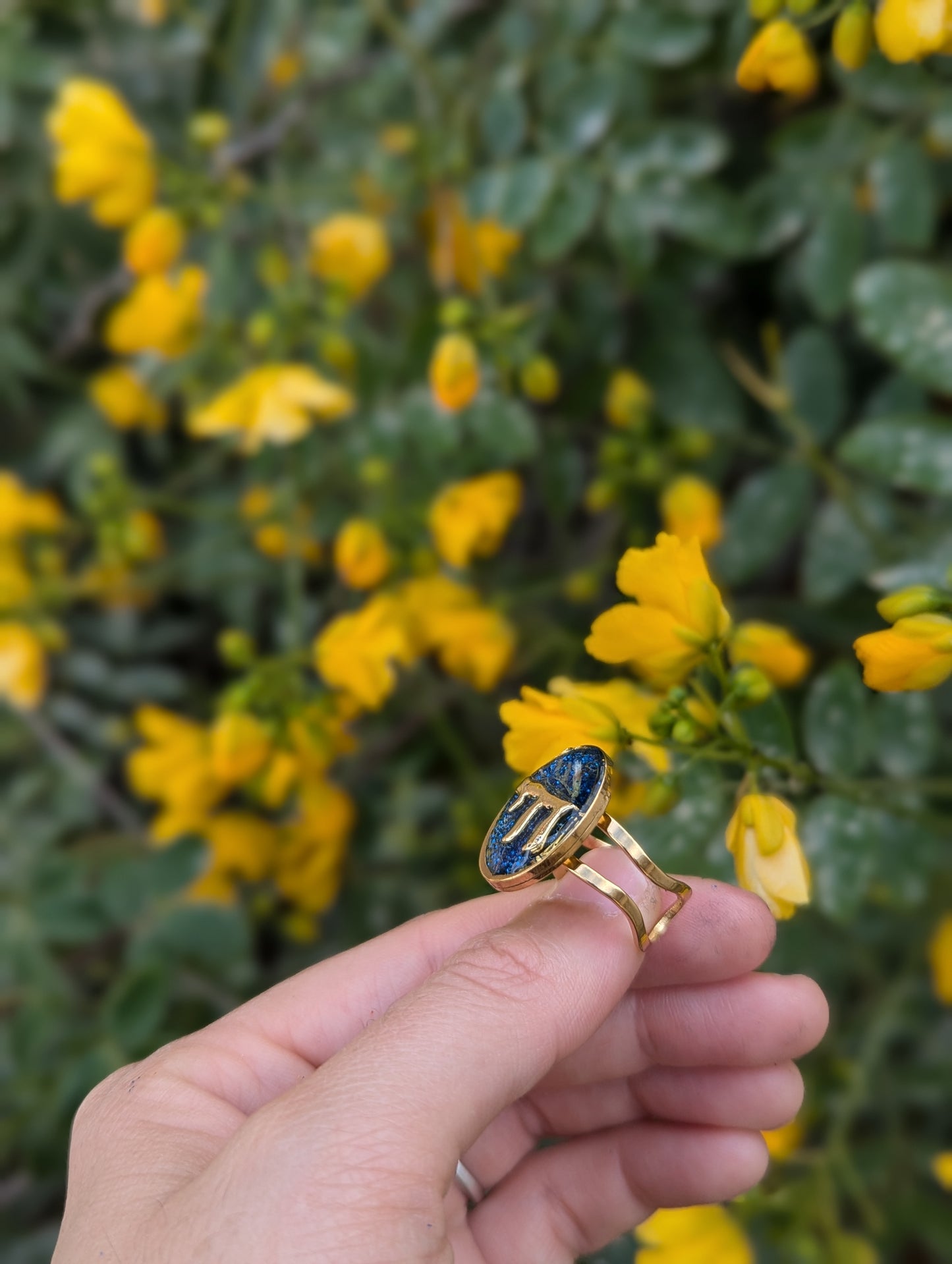 Gold Chai, Israeli Flowers and Blue Shine Gold Plated Adjustable Stainless Steel Ring