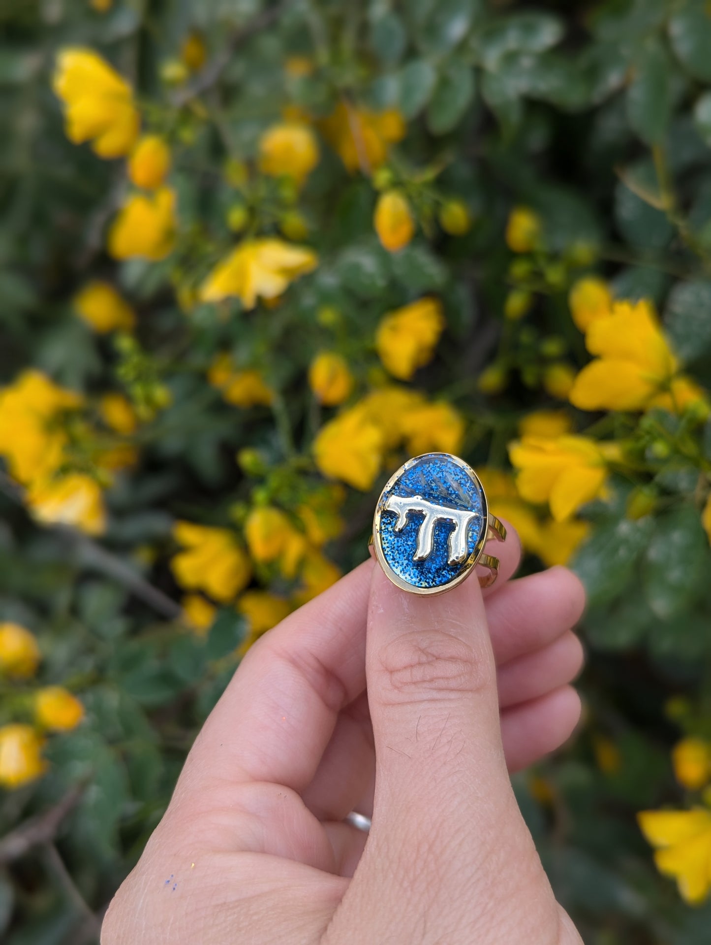 Gold Chai, Israeli Flowers and Blue Shine Gold Plated Adjustable Stainless Steel Ring