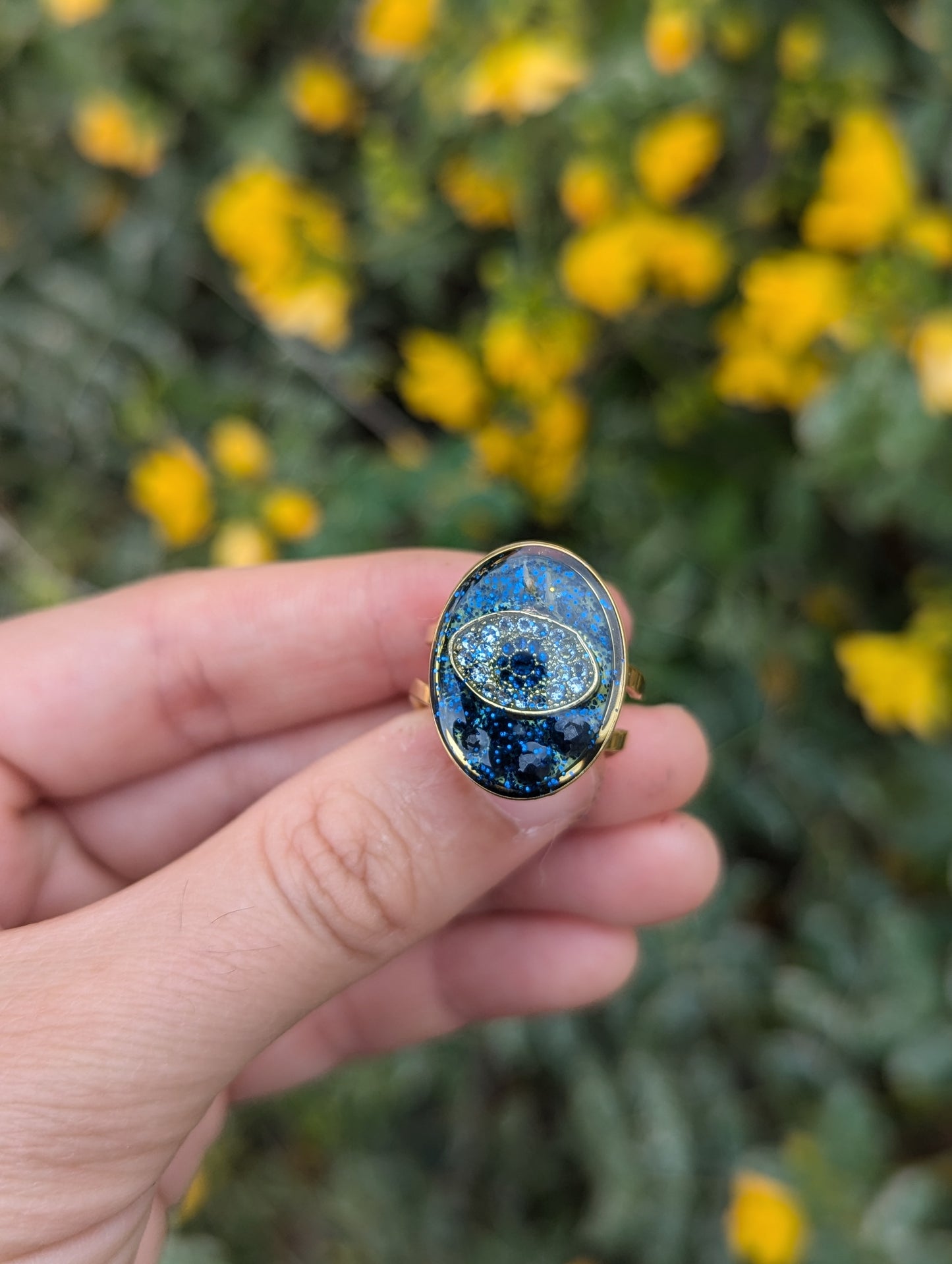 Evil Eye ring with Sterling Silver, Sapphire Gemstones, Blue Shine and Israeli Tiny Flowers in Stainless Steel Adjustable Ring