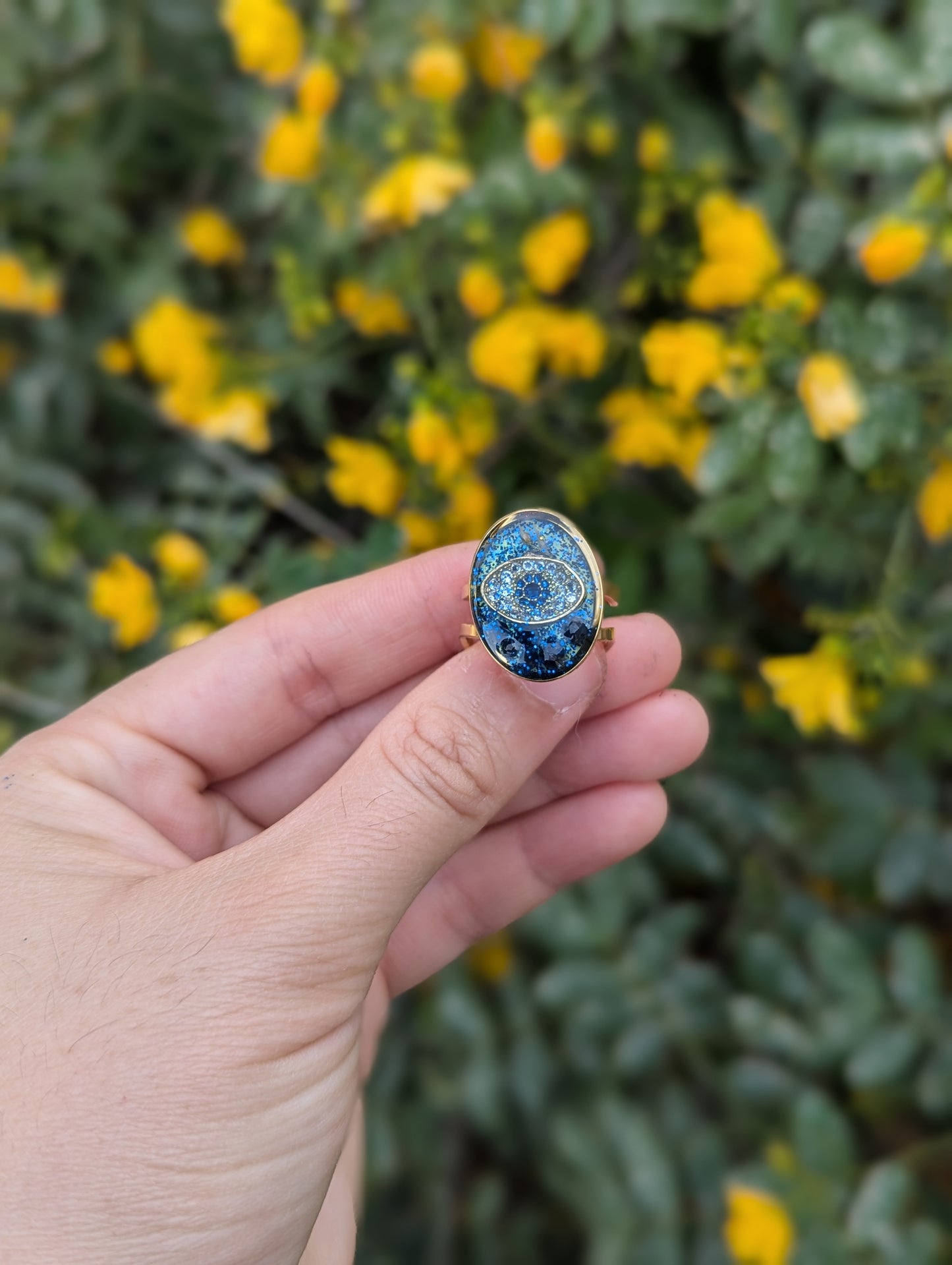 Evil Eye ring with Sterling Silver, Sapphire Gemstones, Blue Shine and Israeli Tiny Flowers in Stainless Steel Adjustable Ring