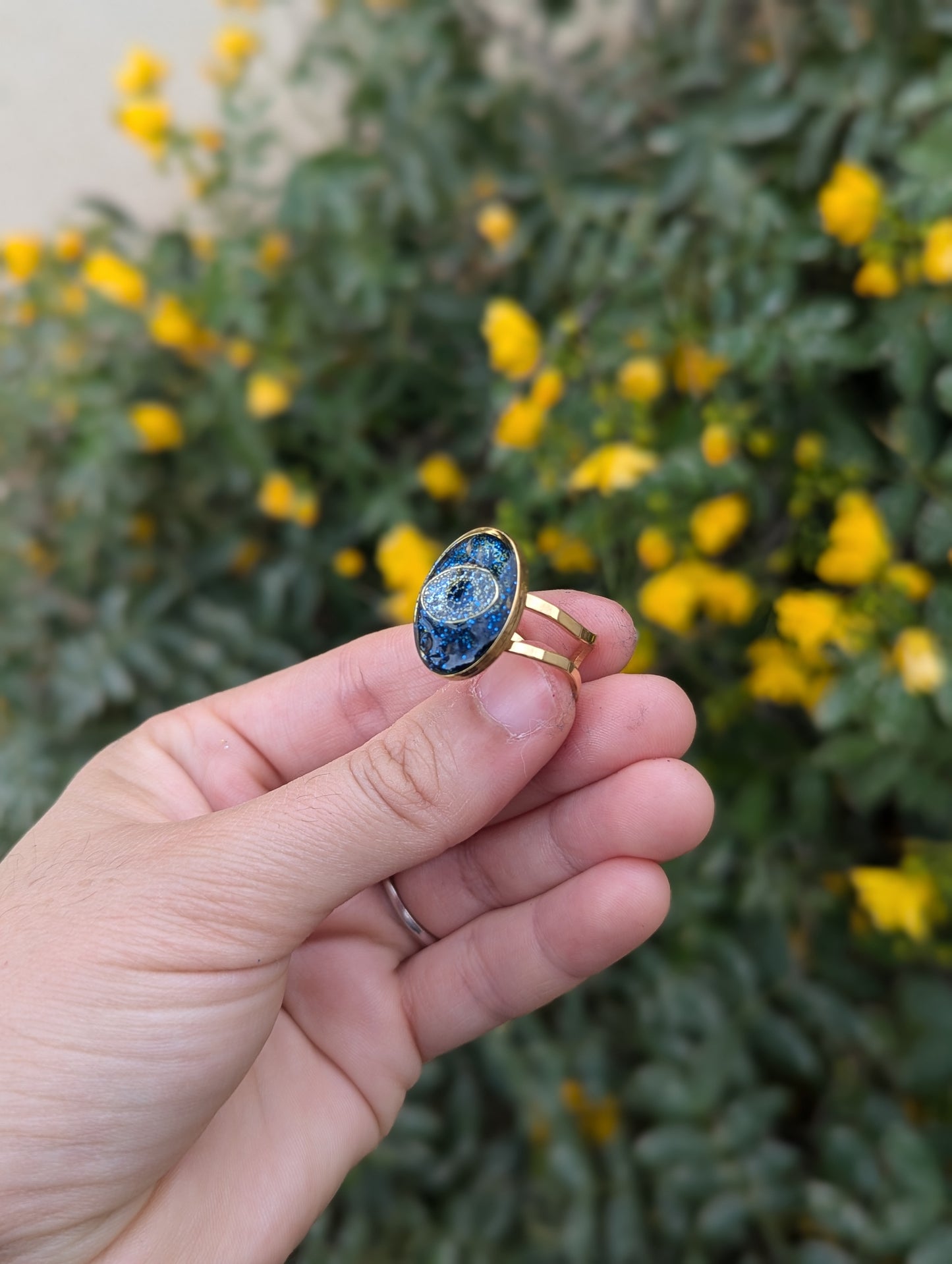 Evil Eye ring with Sterling Silver, Sapphire Gemstones, Blue Shine and Israeli Tiny Flowers in Stainless Steel Adjustable Ring