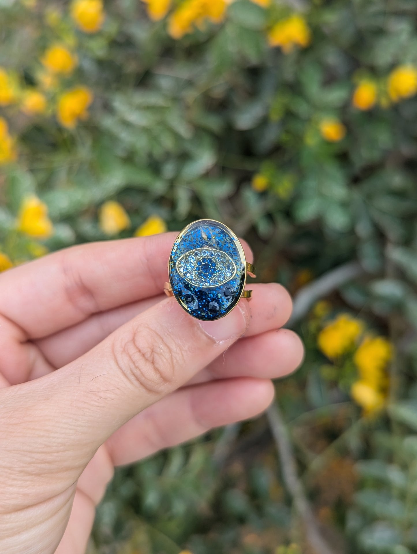 Evil Eye ring with Sterling Silver, Sapphire Gemstones, Blue Shine and Israeli Tiny Flowers in Stainless Steel Adjustable Ring