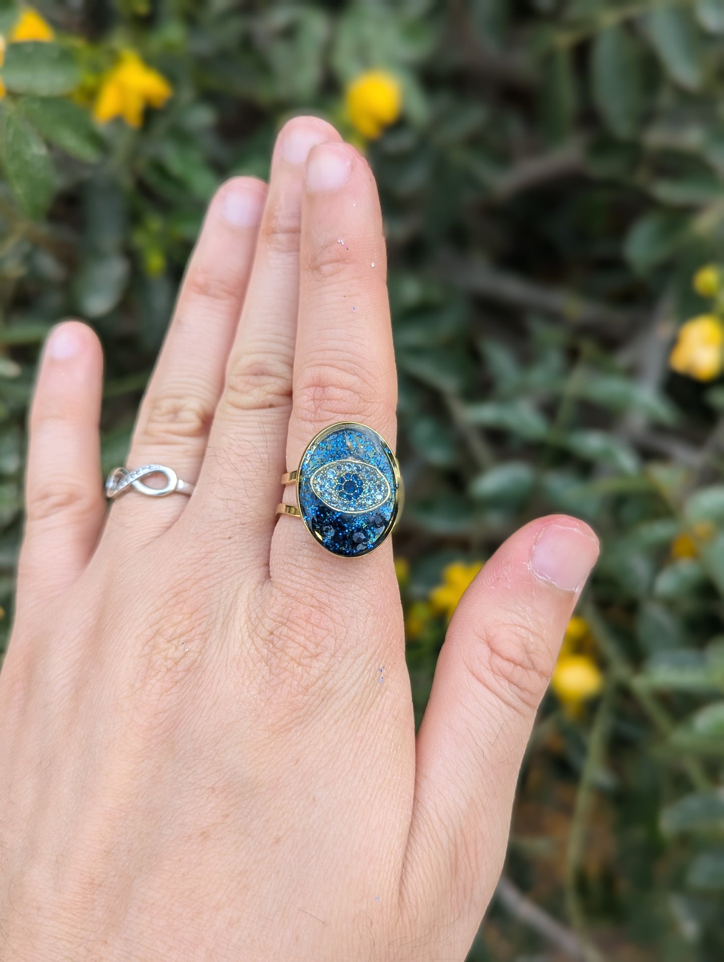 Evil Eye ring with Sterling Silver, Sapphire Gemstones, Blue Shine and Israeli Tiny Flowers in Stainless Steel Adjustable Ring
