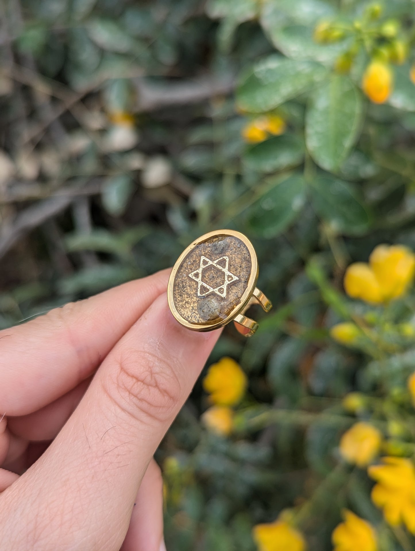 Israeli Sand and Beach Tiny Stones Magen David Gold Plated Stainless Steel Adjustable Ring