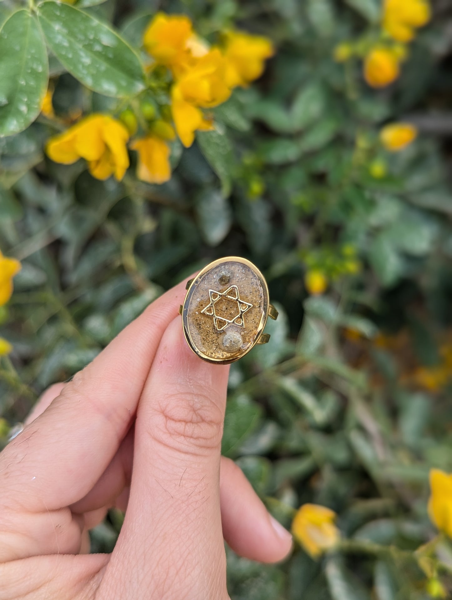 Israeli Sand and Beach Tiny Stones Magen David Gold Plated Stainless Steel Adjustable Ring