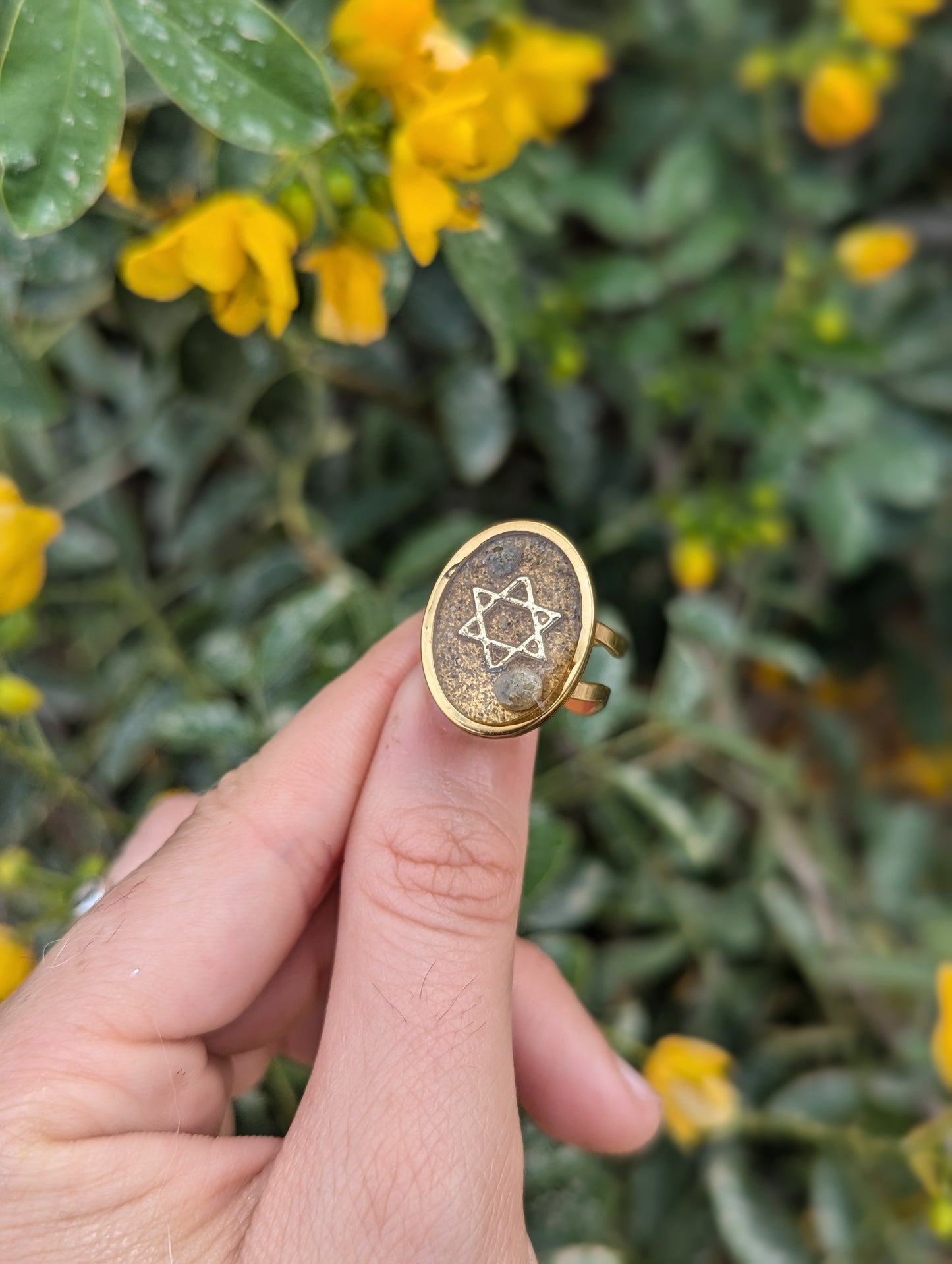 Israeli Sand and Beach Tiny Stones Magen David Gold Plated Stainless Steel Adjustable Ring