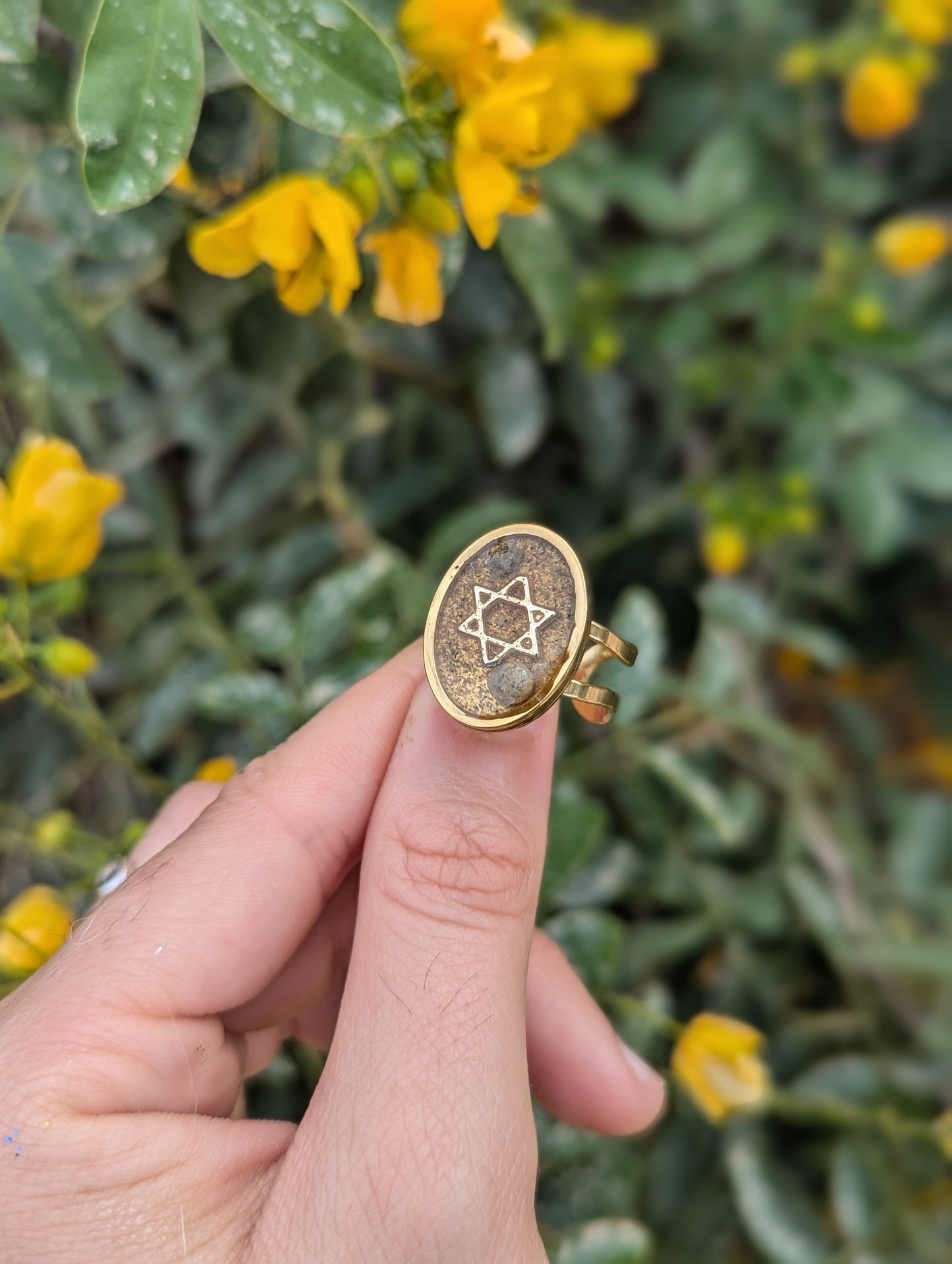 Israeli Sand and Beach Tiny Stones Magen David Gold Plated Stainless Steel Adjustable Ring